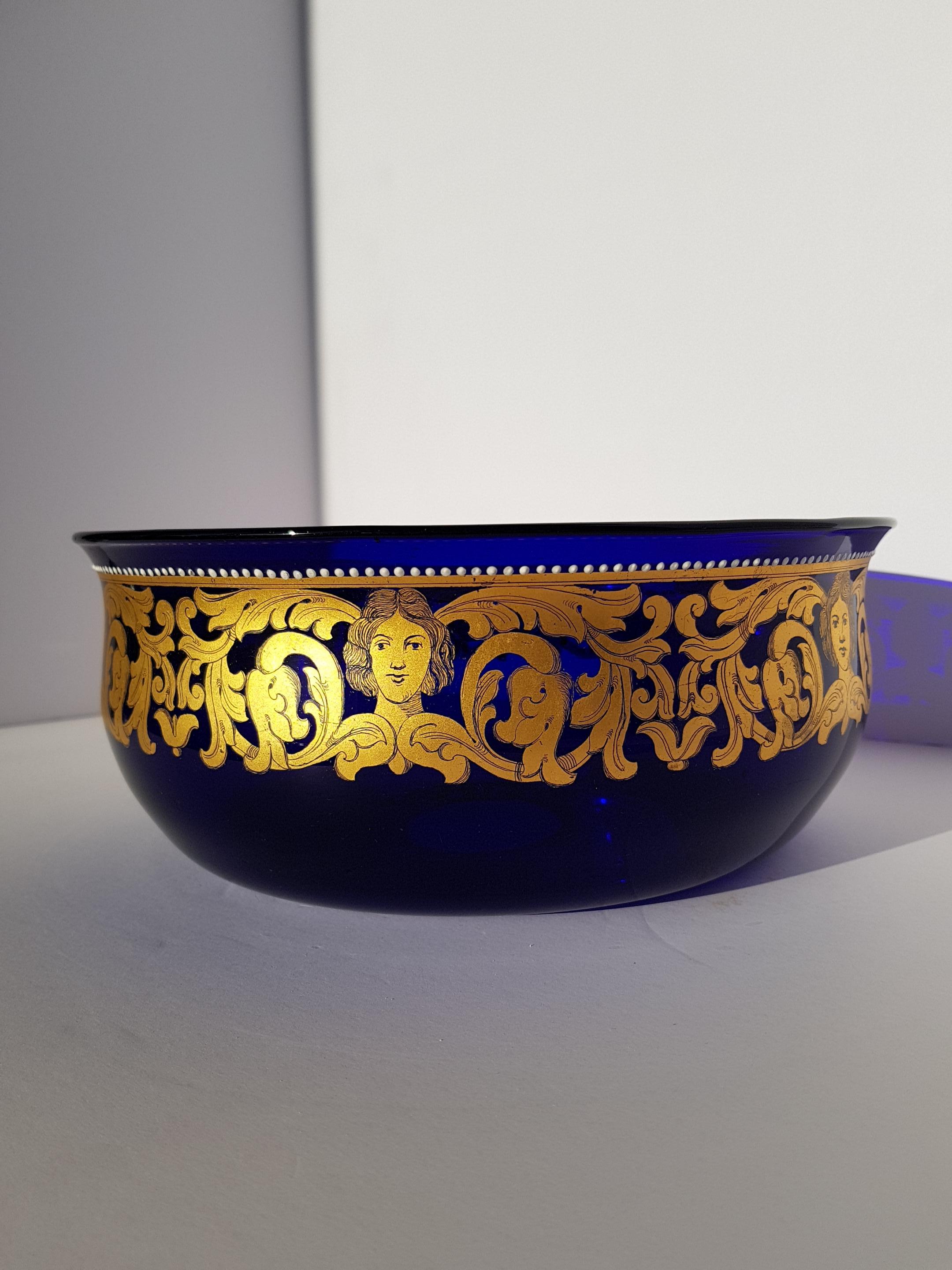 Italian Antique Venetian Murano Art Glass Bowl Centerpiece Gold Enamelled Blue Baroque For Sale