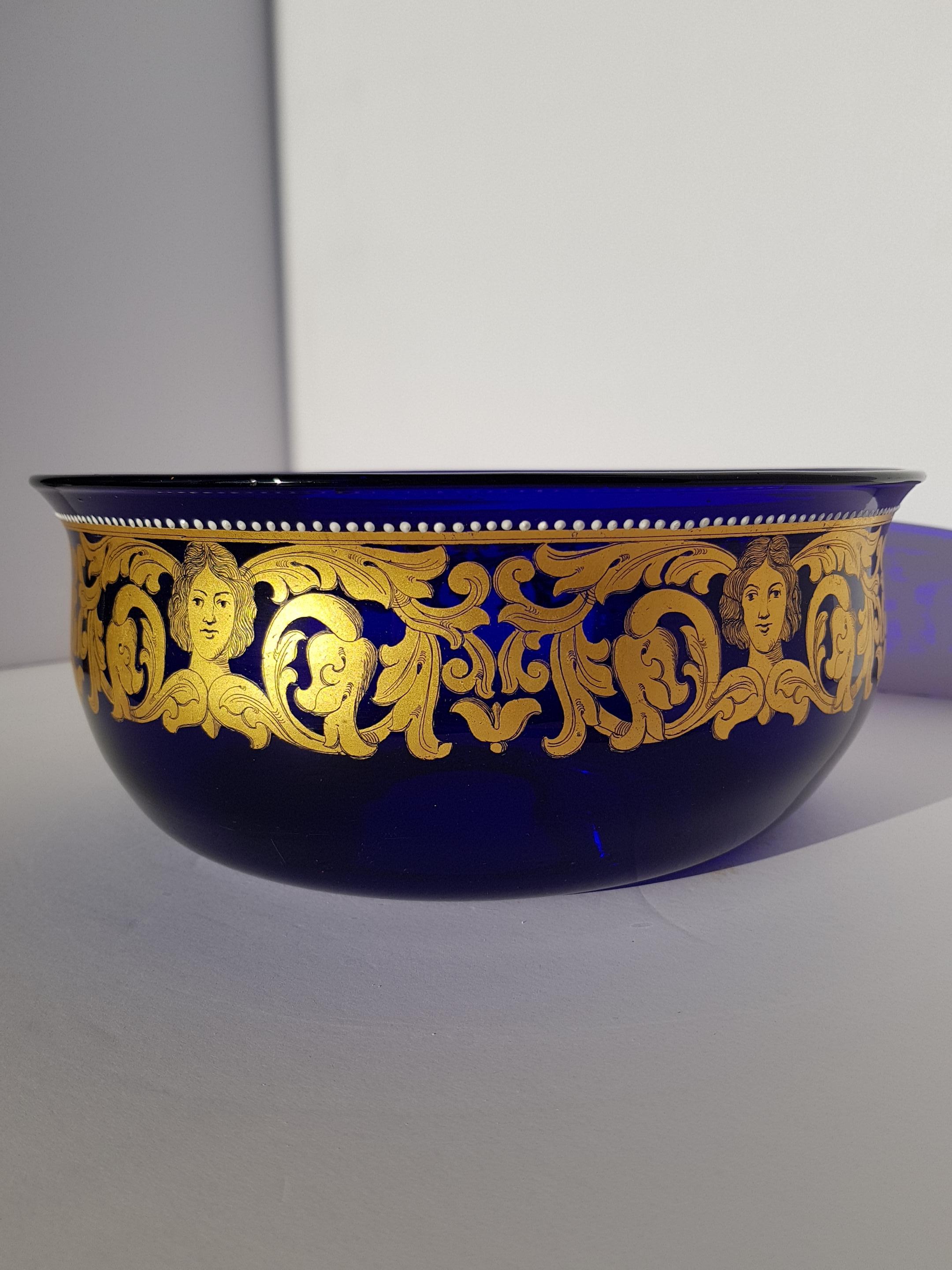 Hand-Crafted Antique Venetian Murano Art Glass Bowl Centerpiece Gold Enamelled Blue Baroque For Sale