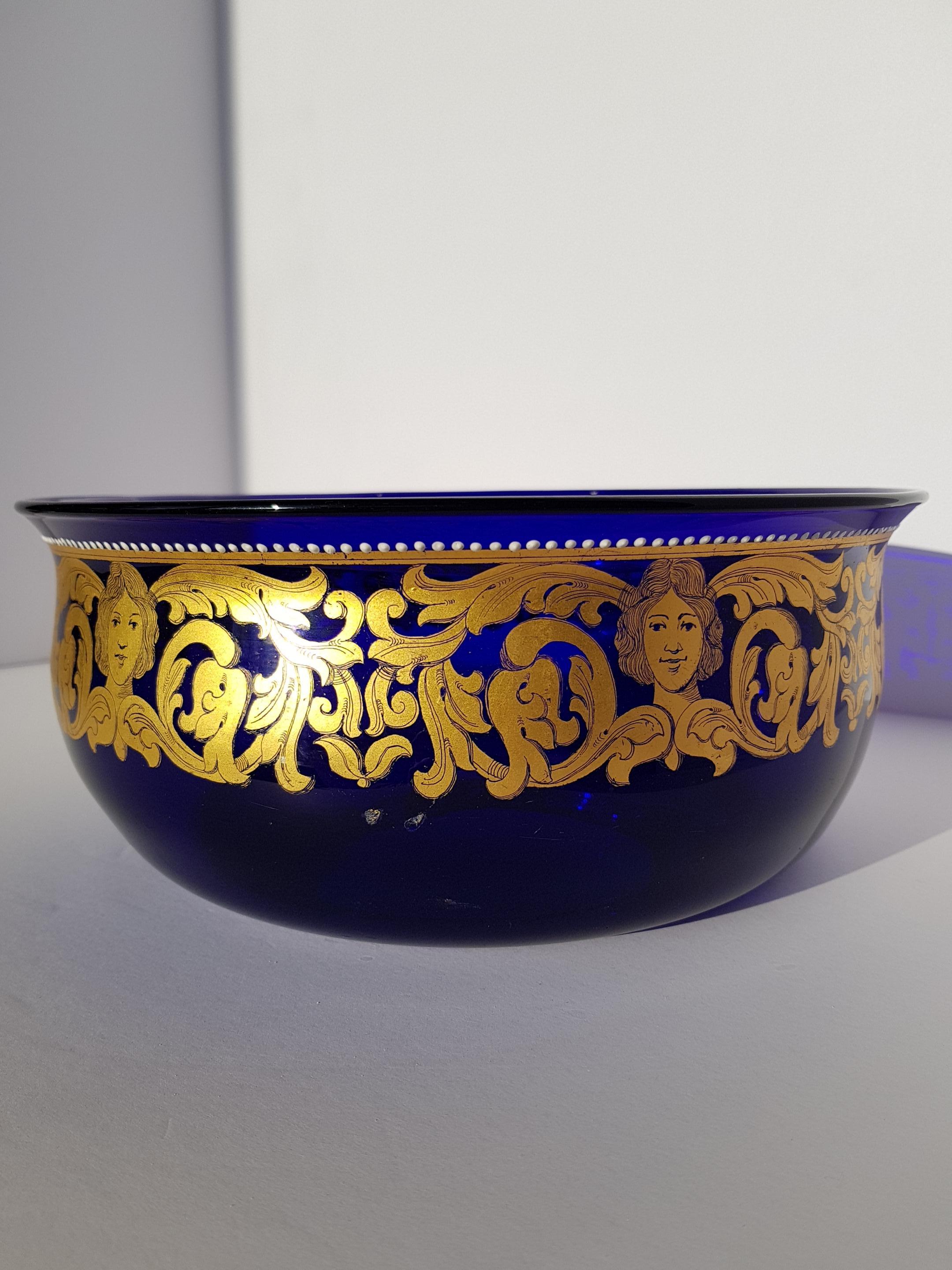 Antique Venetian Murano Art Glass Bowl Centerpiece Gold Enamelled Blue Baroque In Good Condition For Sale In Palm Beach, FL