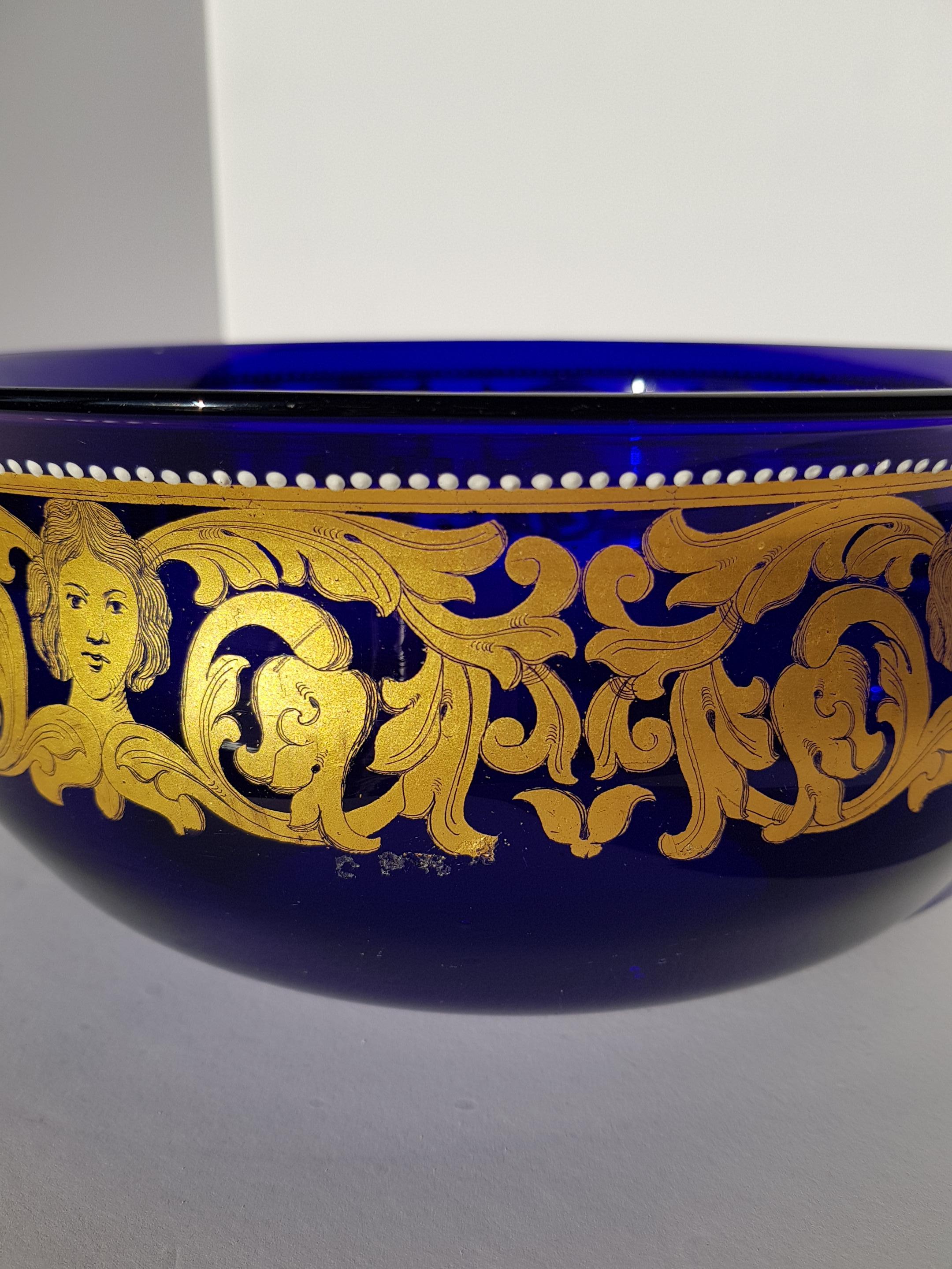 19th Century Antique Venetian Murano Art Glass Bowl Centerpiece Gold Enamelled Blue Baroque For Sale
