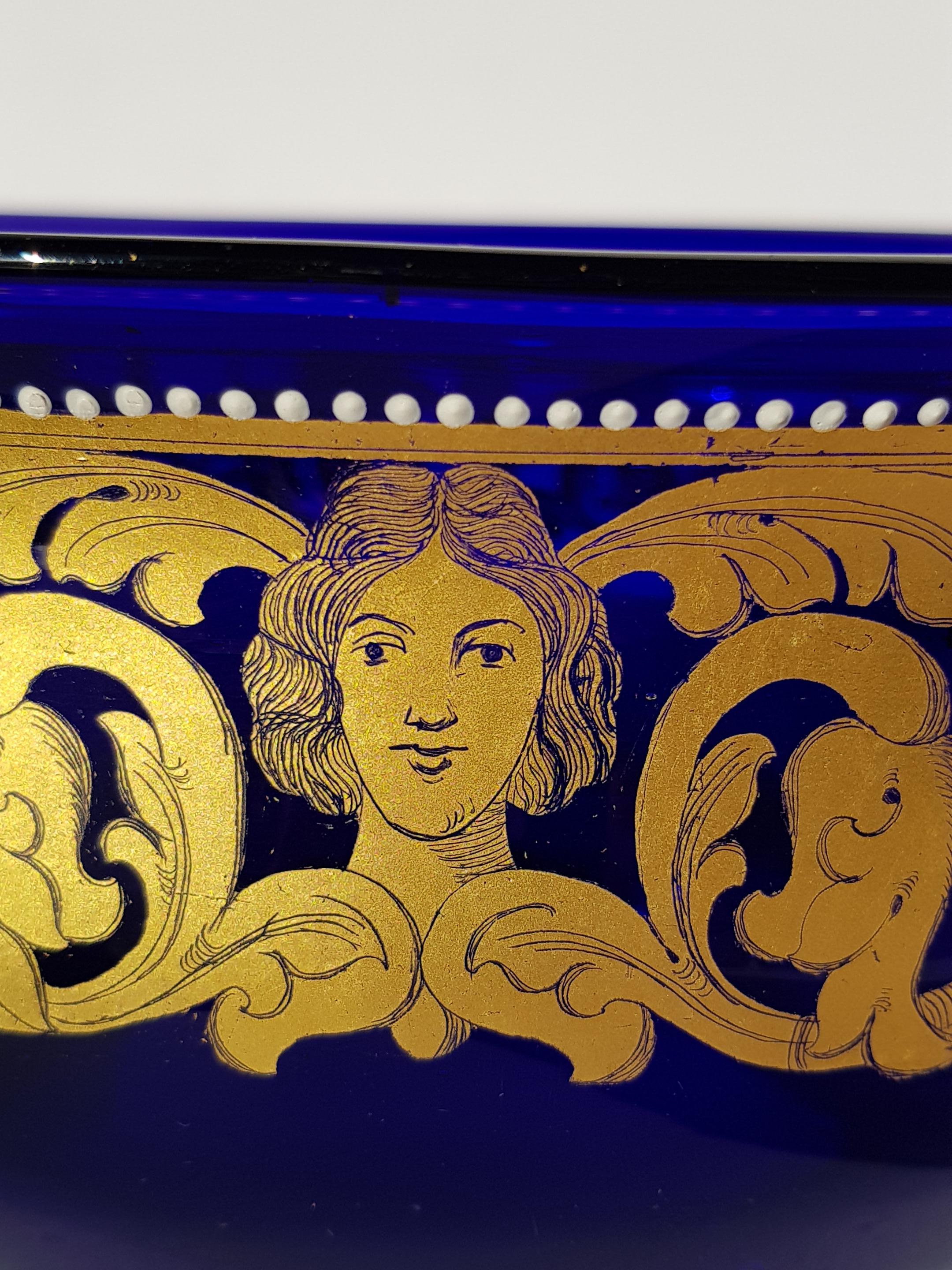 Antique Venetian Murano Art Glass Bowl Centerpiece Gold Enamelled Blue Baroque For Sale 1