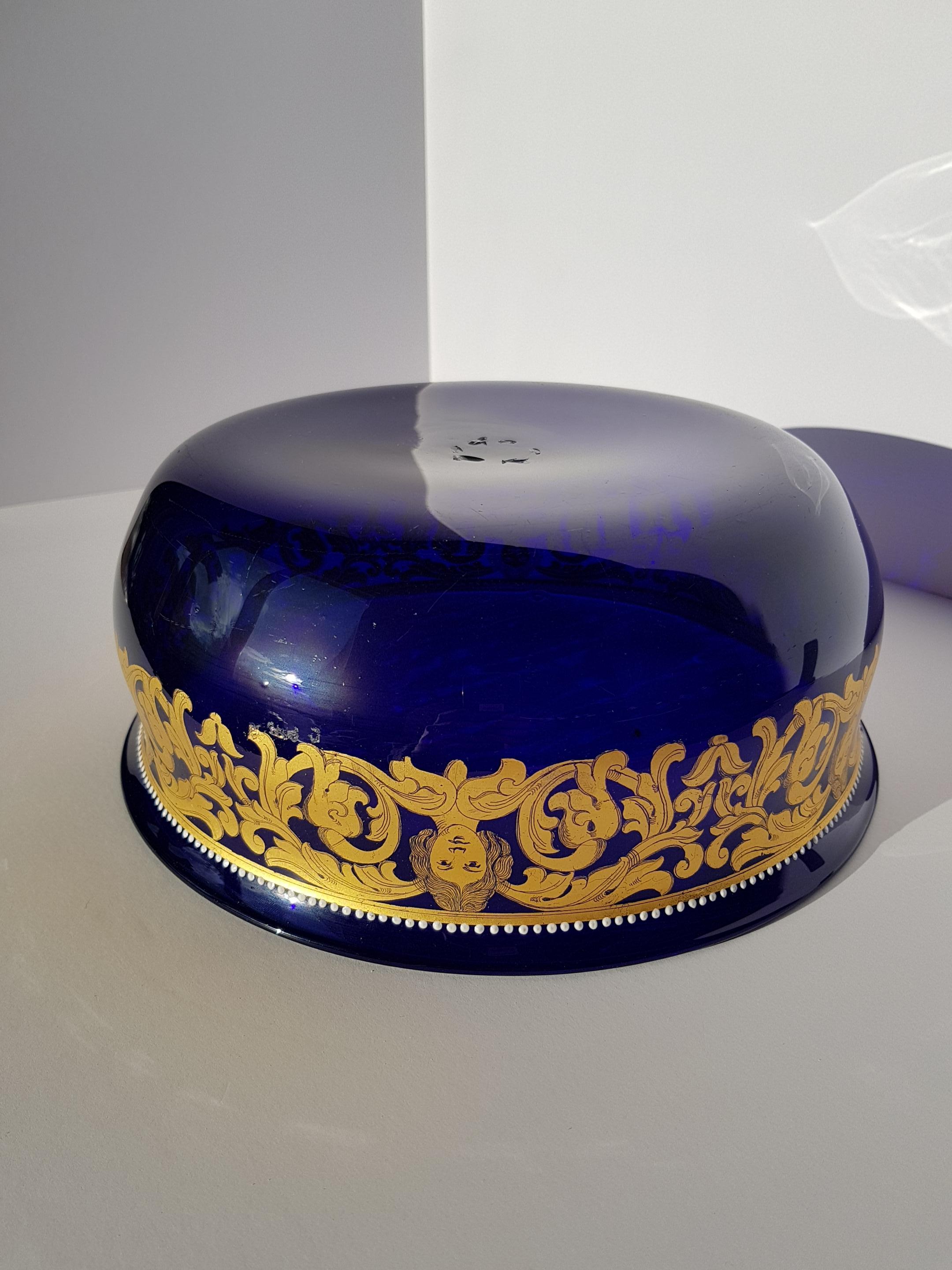 Antique Venetian Murano Art Glass Bowl Centerpiece Gold Enamelled Blue Baroque For Sale 2