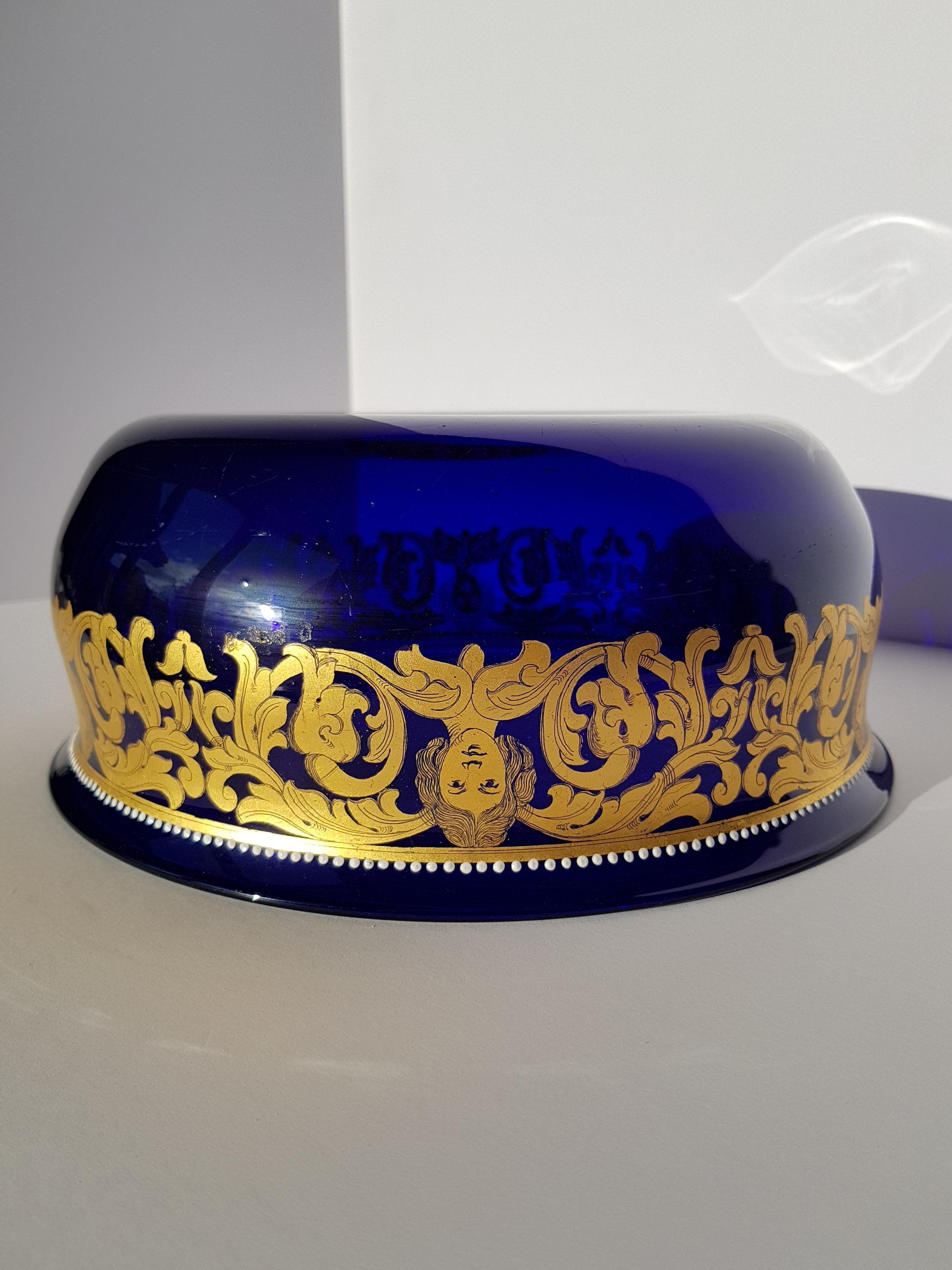 Antique Venetian Murano Art Glass Bowl Centerpiece Gold Enamelled Blue Baroque For Sale 3