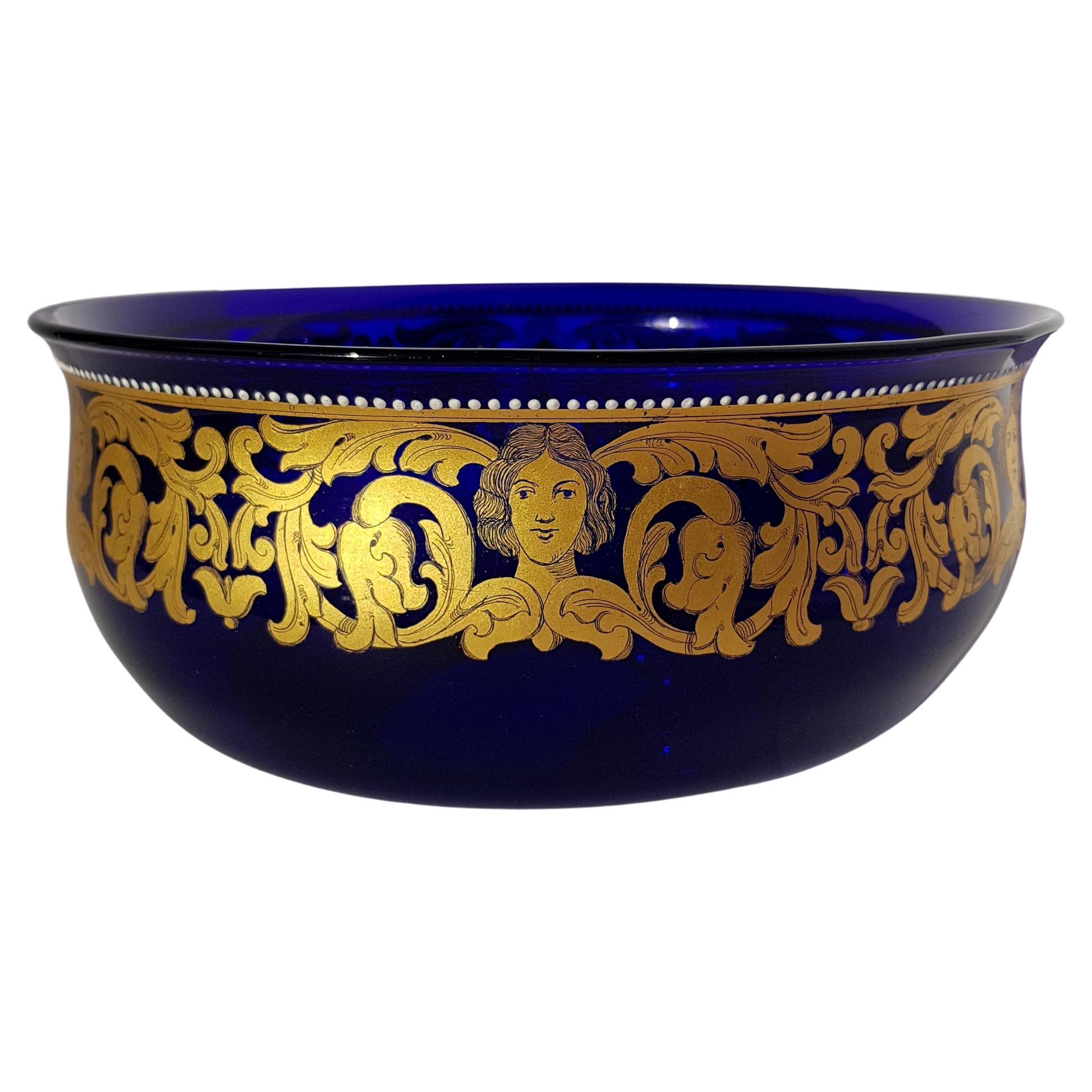 Antique Venetian Murano Art Glass Bowl Centerpiece Gold Enamelled Blue Baroque For Sale