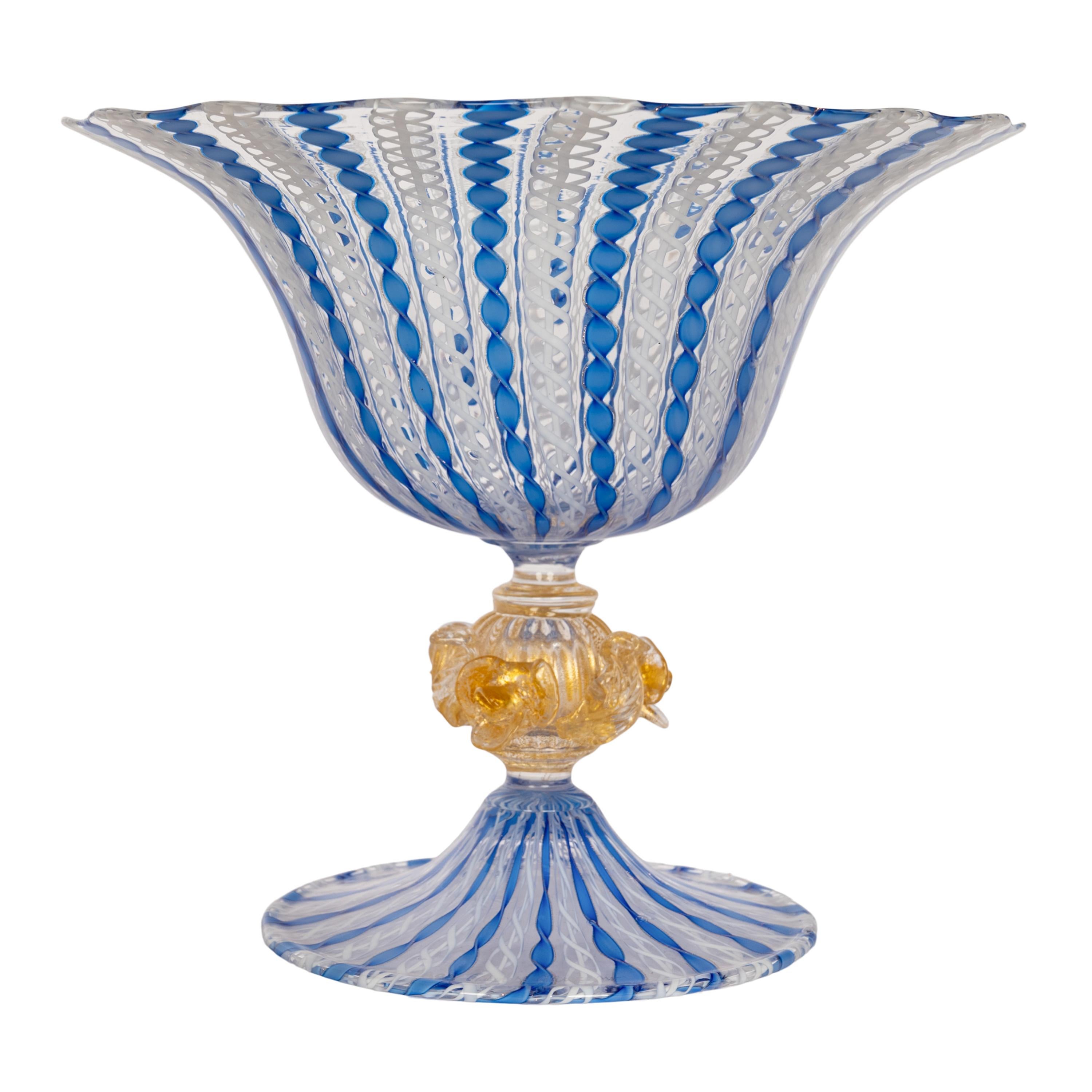 Art Déco Antica ciotola in vetro blu di Murano Latticino Zanfirico firmata 1920