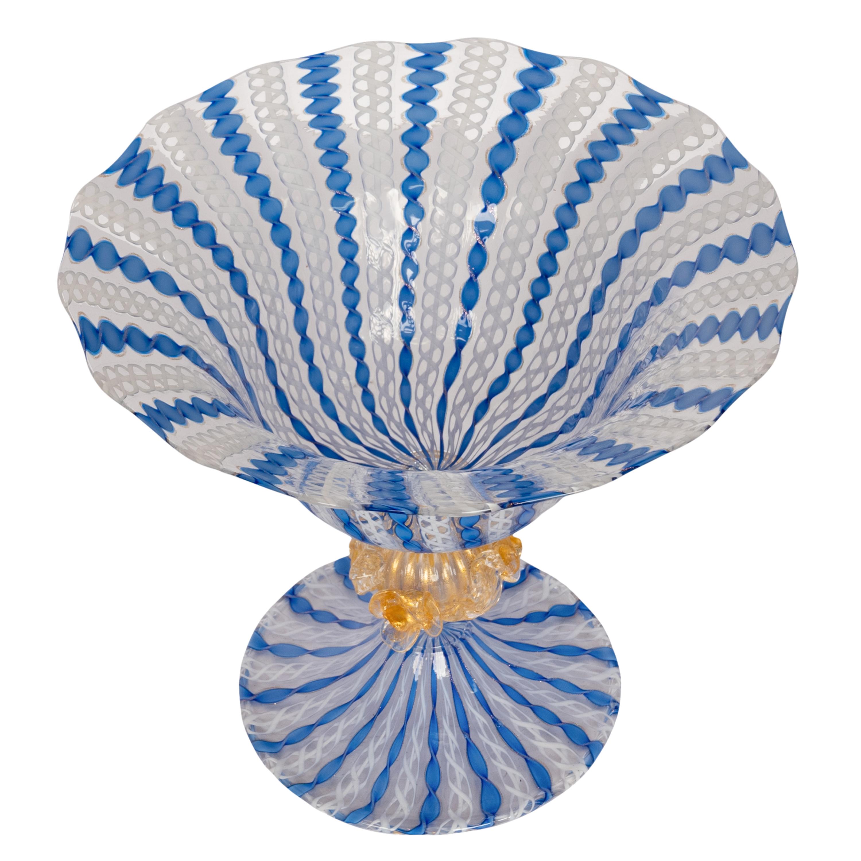 Inizio XX secolo Antica ciotola in vetro blu di Murano Latticino Zanfirico firmata 1920