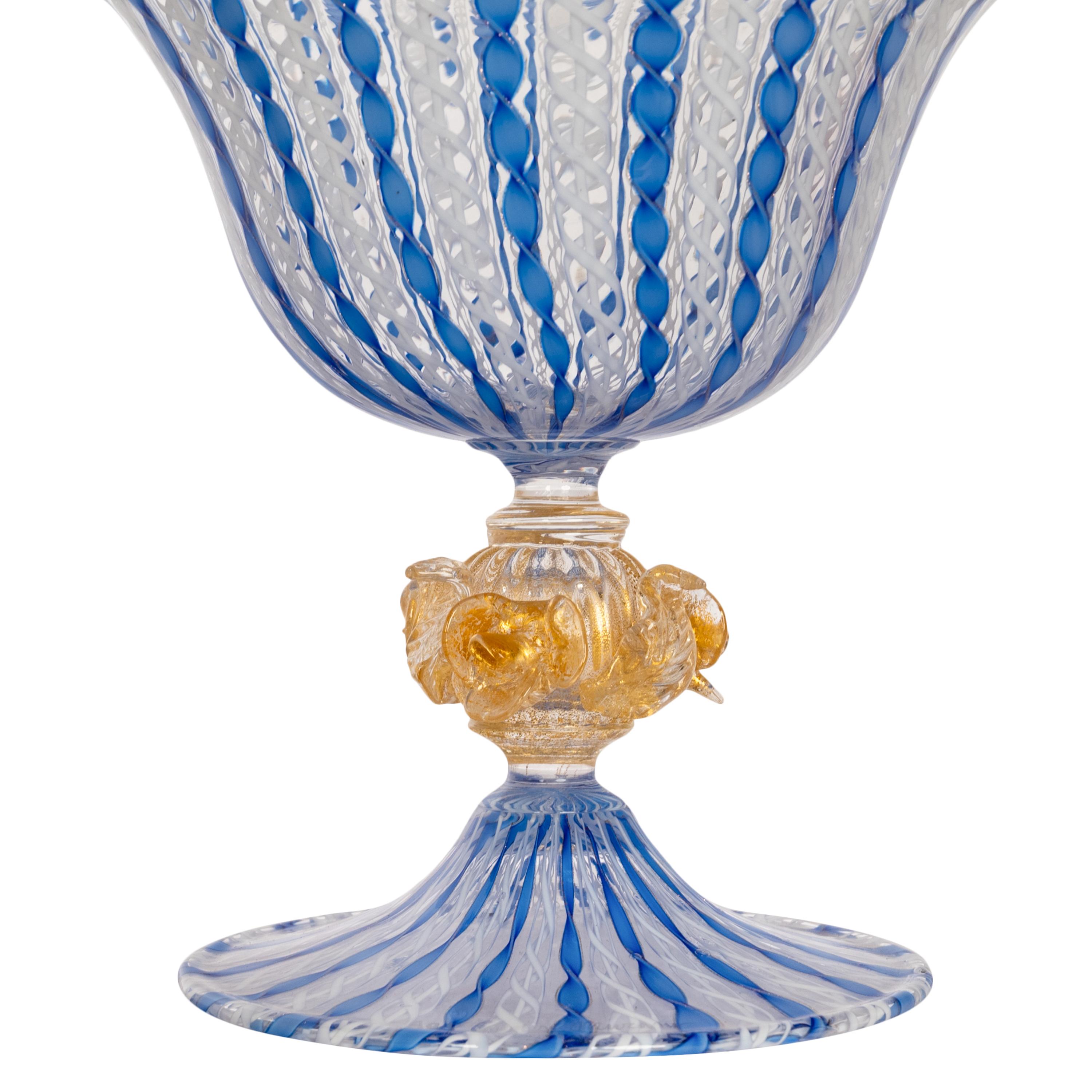 Antica ciotola in vetro blu di Murano Latticino Zanfirico firmata 1920 2