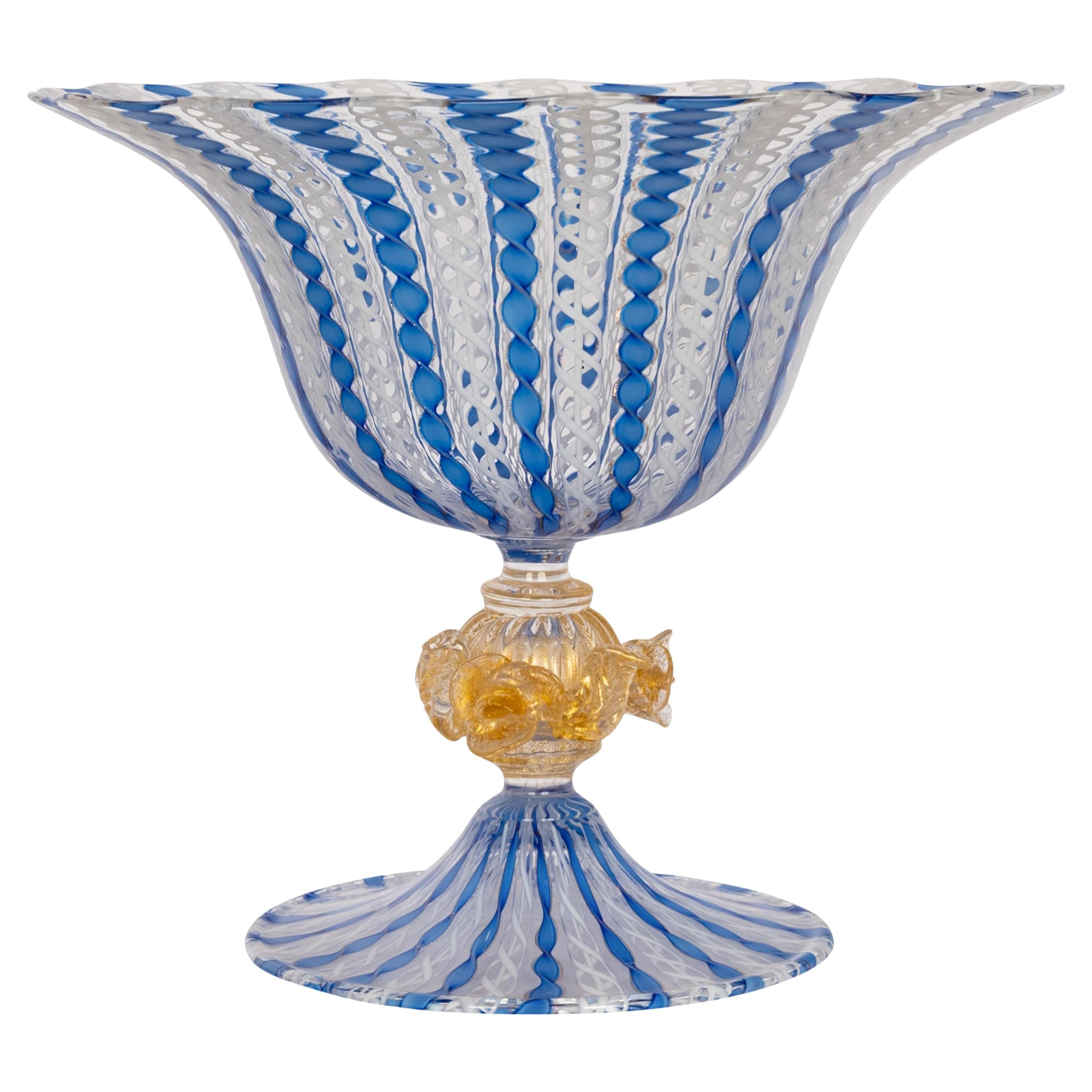 Antica ciotola in vetro blu di Murano Latticino Zanfirico firmata 1920