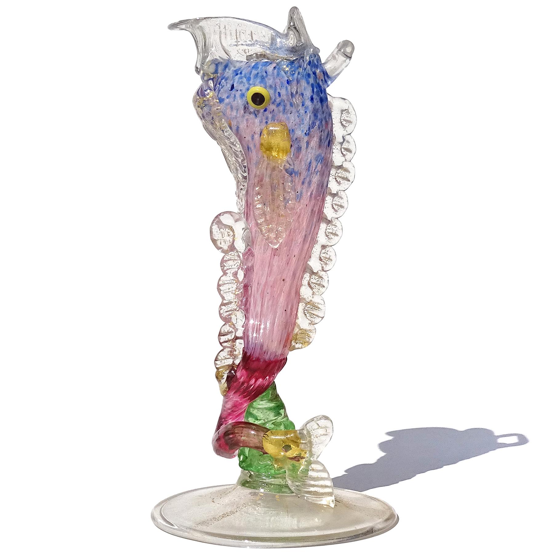 Beautiful, antique, early Venetian / Murano hand blown blue to pink and gold flecks Italian art glass with ornate fish shaped flower vase / table object. Created in the manner of the Salviati and Fratelli Toso companies, with similars dated from