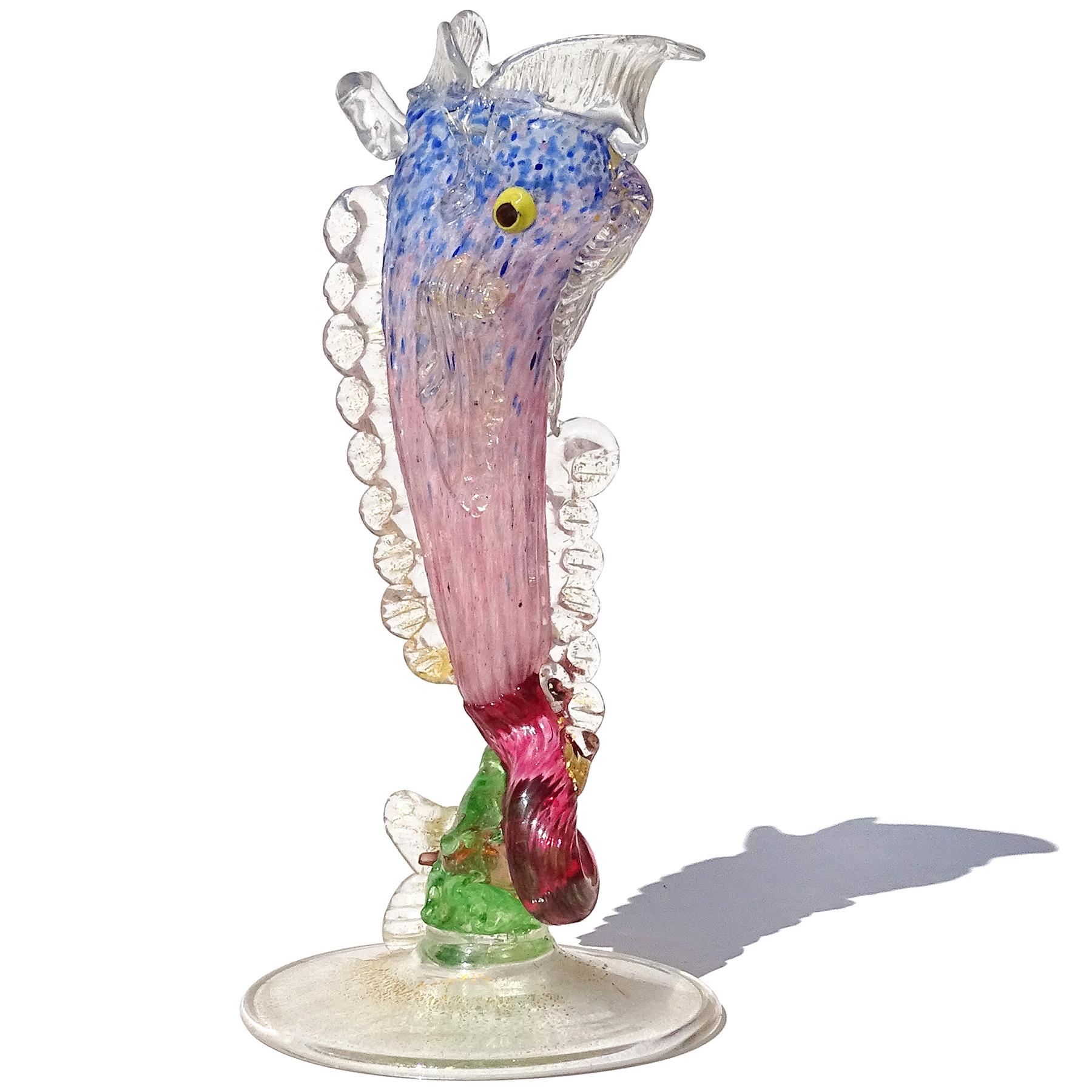 Vase vénitien ancien en forme de poisson en verre d'art italien de Murano bleu, rose et mouchetures dorées Bon état - En vente à Kissimmee, FL