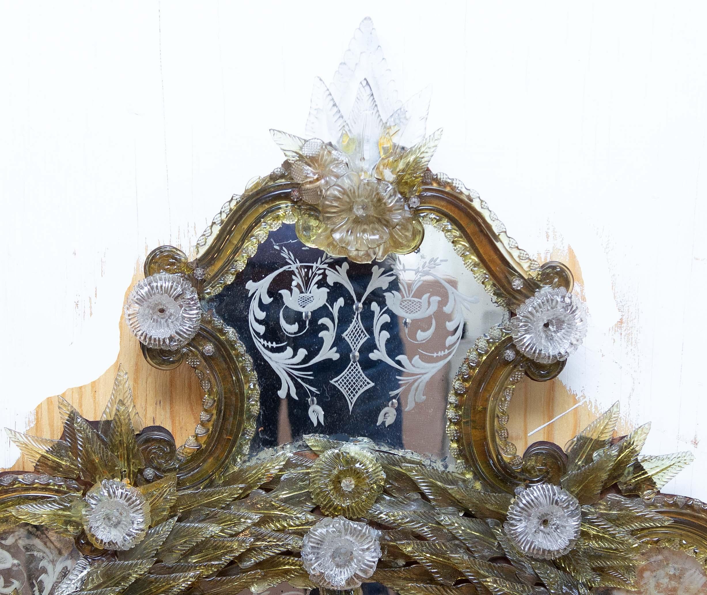 Italian Antique Venetian Murano Glass Console Wall Mirror 19th Century