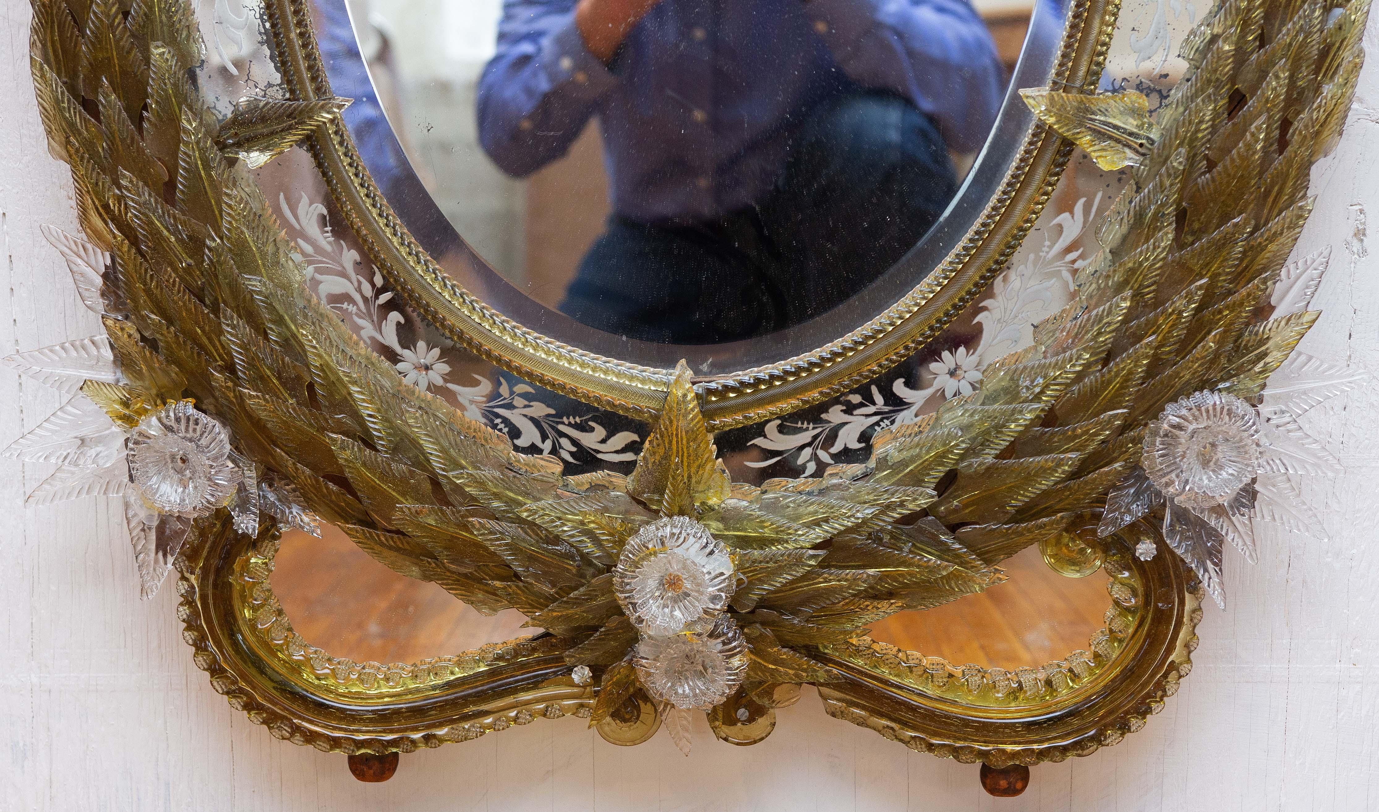 Wood Antique Venetian Murano Glass Console Wall Mirror 19th Century