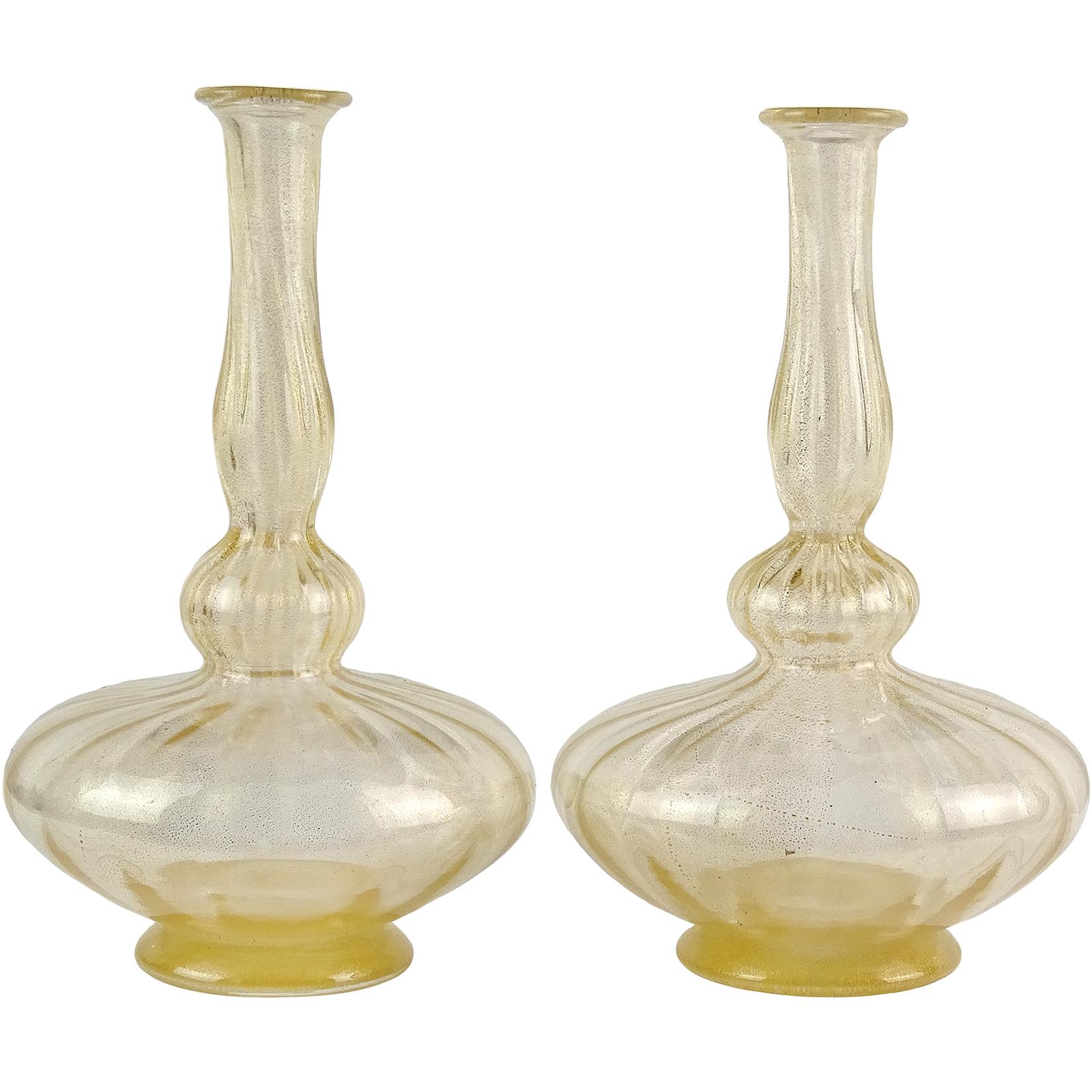 Italian Antique Venetian Murano Gold Flecks Art Glass Pleated Genie Bottle Vases