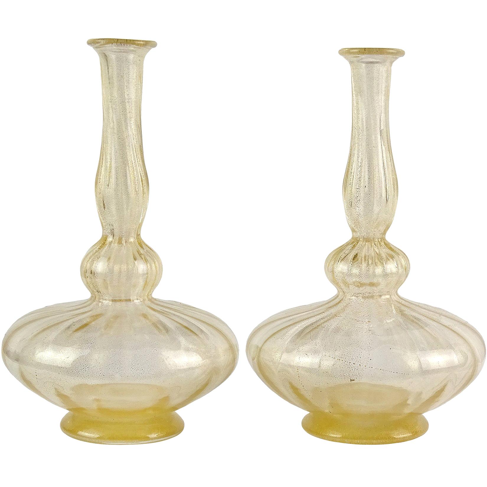 Antique Venetian Murano Gold Flecks Art Glass Pleated Genie Bottle Vases