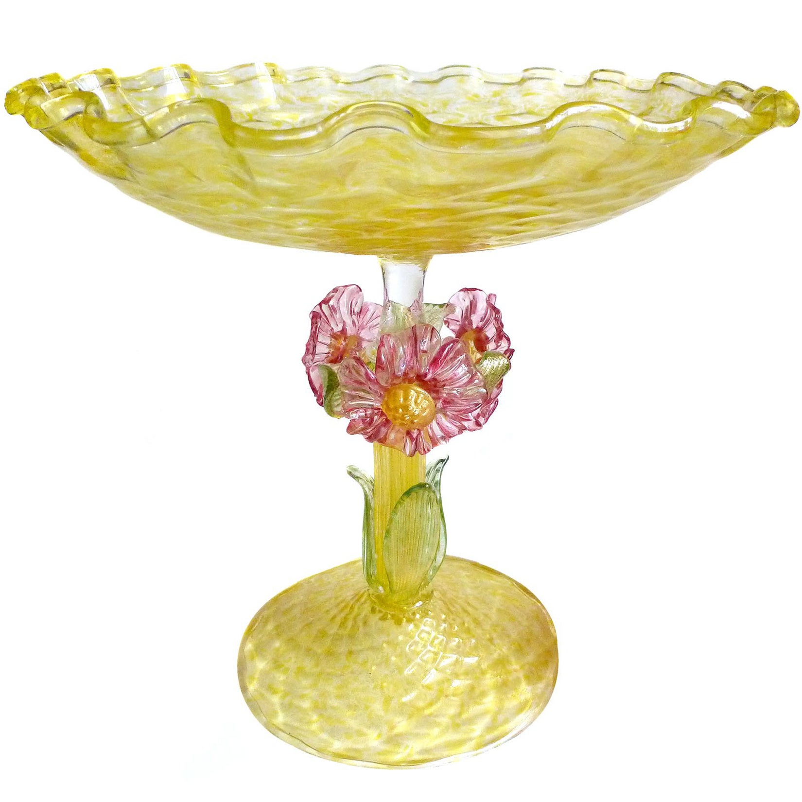 Antique Venetian Murano Gold Flecks Yellow Pink Flowers Italian Art Glass Bowl For Sale 6