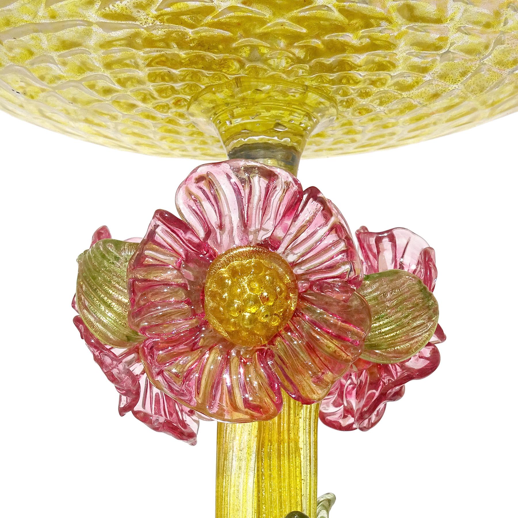 20th Century Antique Venetian Murano Gold Flecks Yellow Pink Flowers Italian Art Glass Bowl For Sale