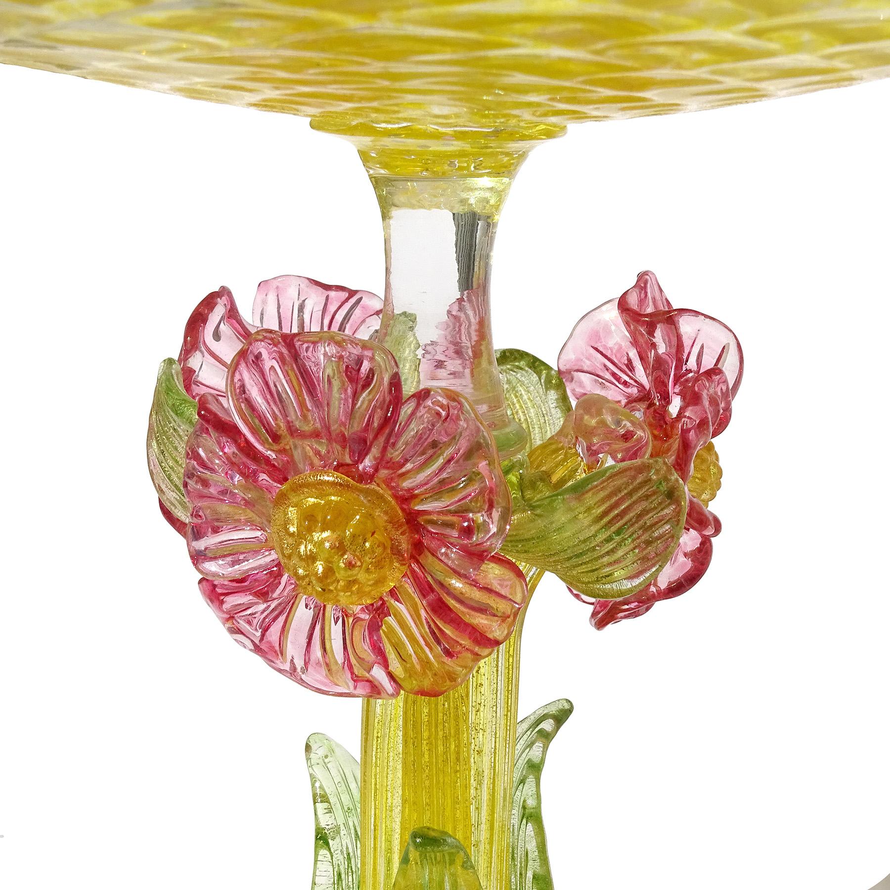 Antique Venetian Murano Gold Flecks Yellow Pink Flowers Italian Art Glass Bowl For Sale 1