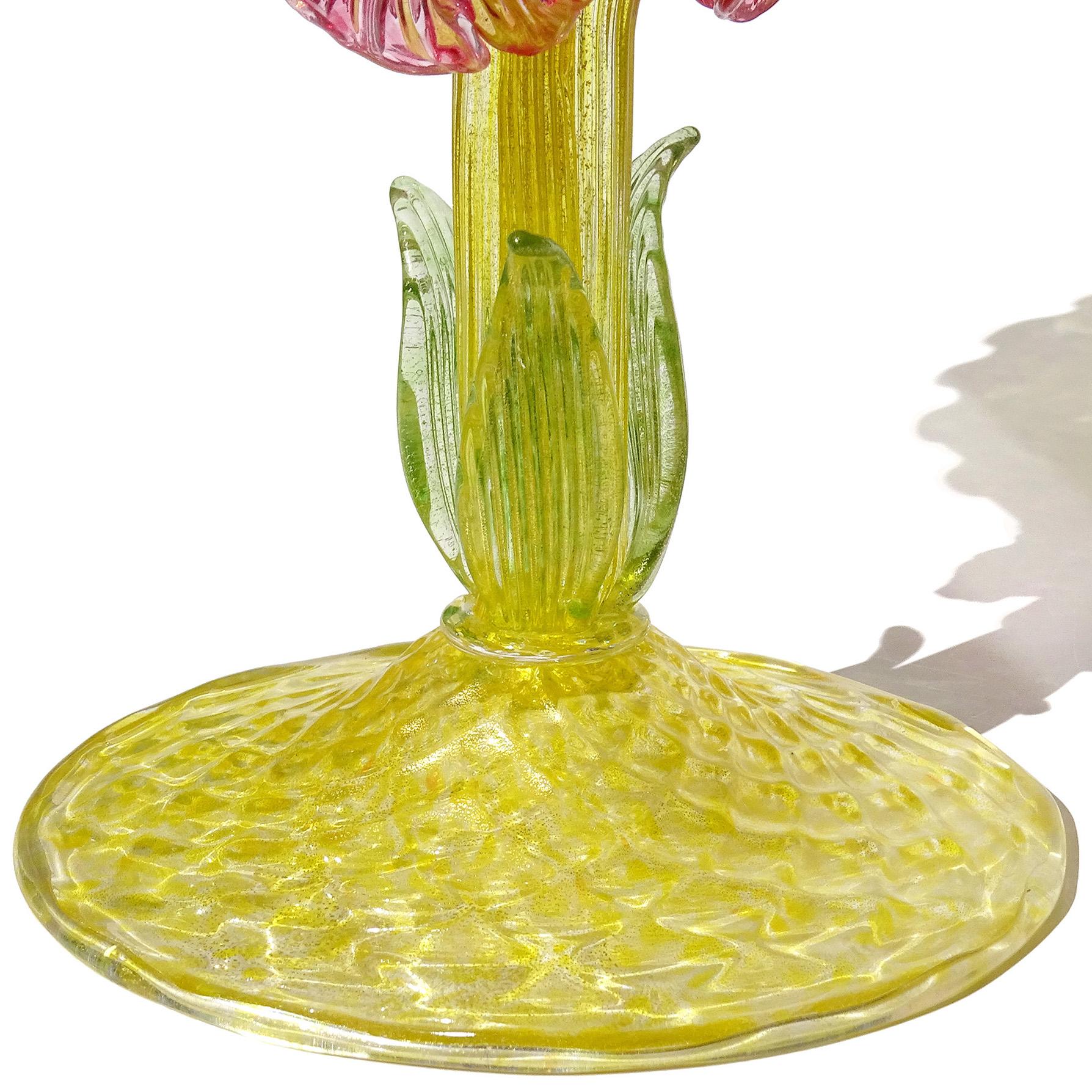 Antique Venetian Murano Gold Flecks Yellow Pink Flowers Italian Art Glass Bowl For Sale 2