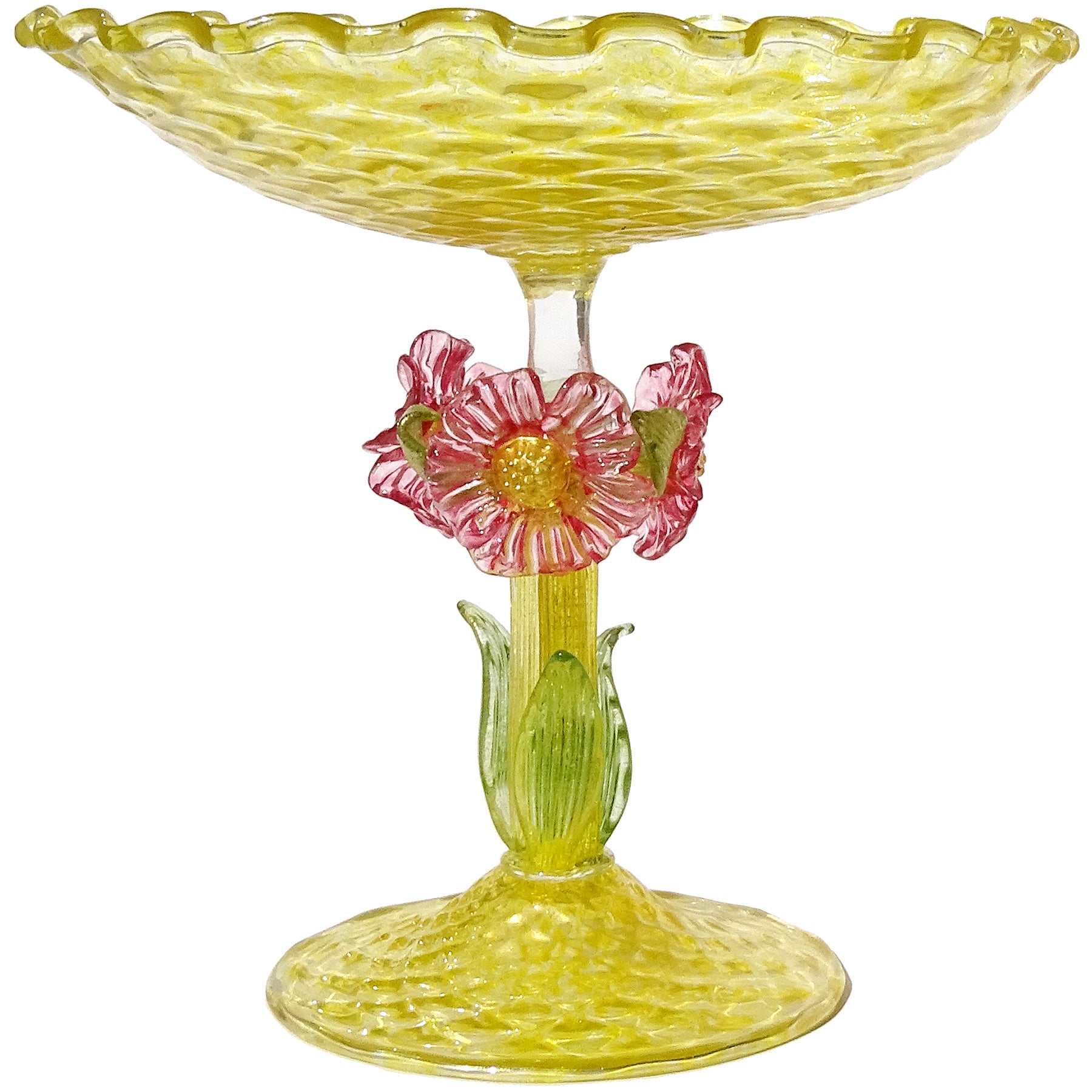 Antique Venetian Murano Gold Flecks Yellow Pink Flowers Italian Art Glass Bowl For Sale
