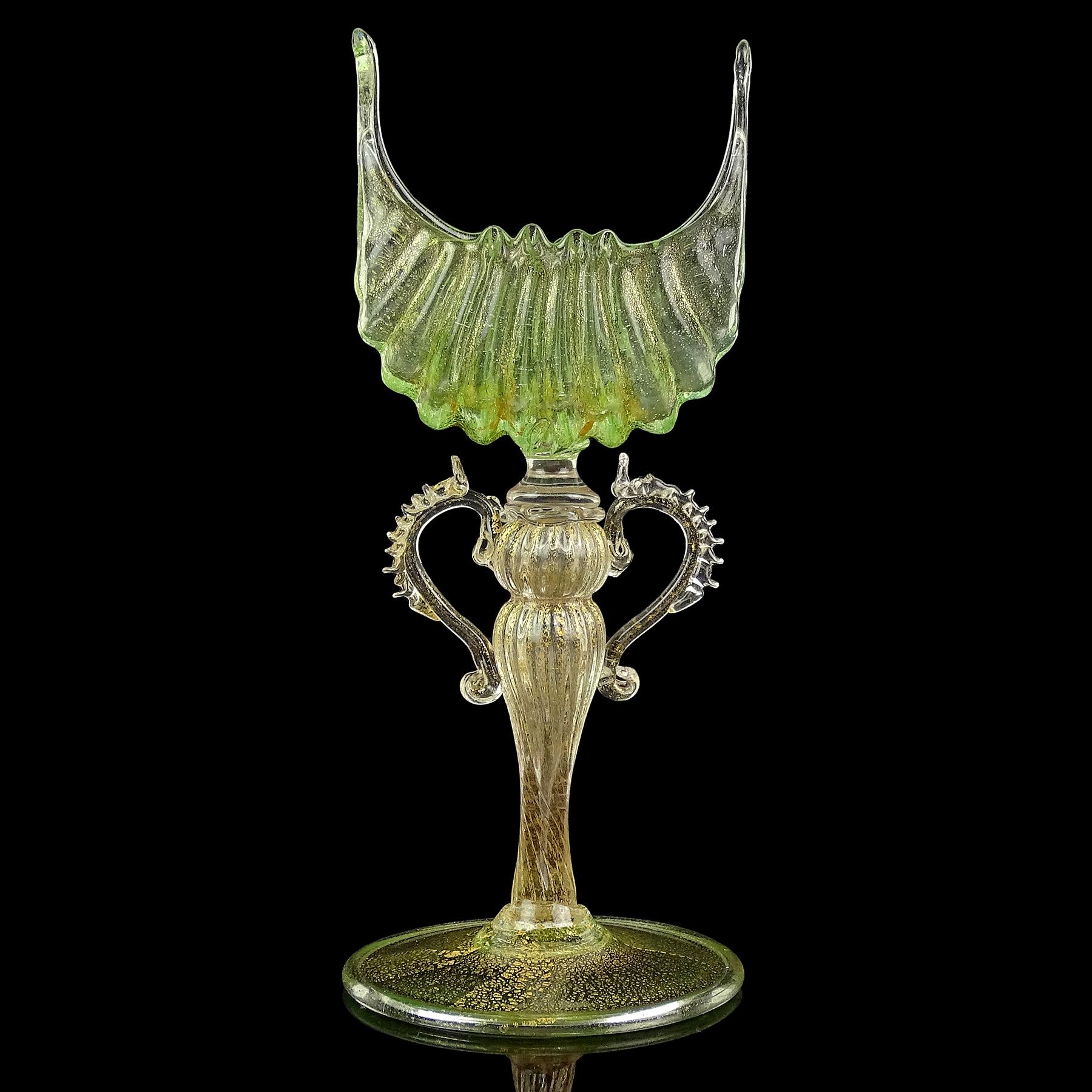 Beautiful, antique, early Venetian / Murano hand blown green and gold flecks Italian art glass seashell decoration decorative table object / card holder / goblet. Documented to the Salviati company, circa 1890-1900. The stem of the piece is made in