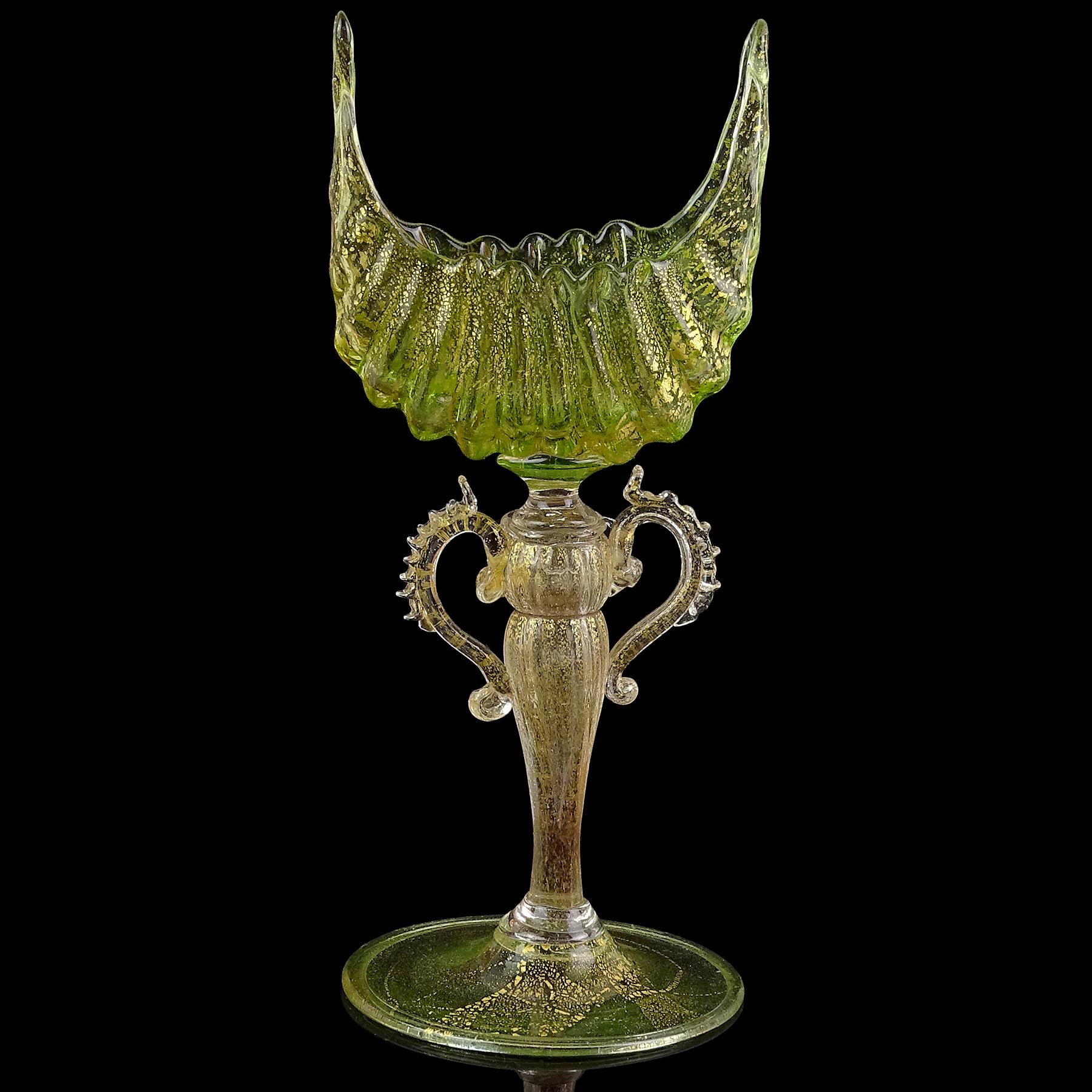 Beautiful, antique, early Venetian / Murano hand blown green and gold flecks Italian art glass seashell decoration decorative table object / card holder / goblet. Documented to the Salviati company, circa 1890-1900. The stem of the piece is made in