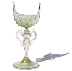 Antique Venetian Murano Green Gold Leaf Italian Art Glass Shell Goblet Holder