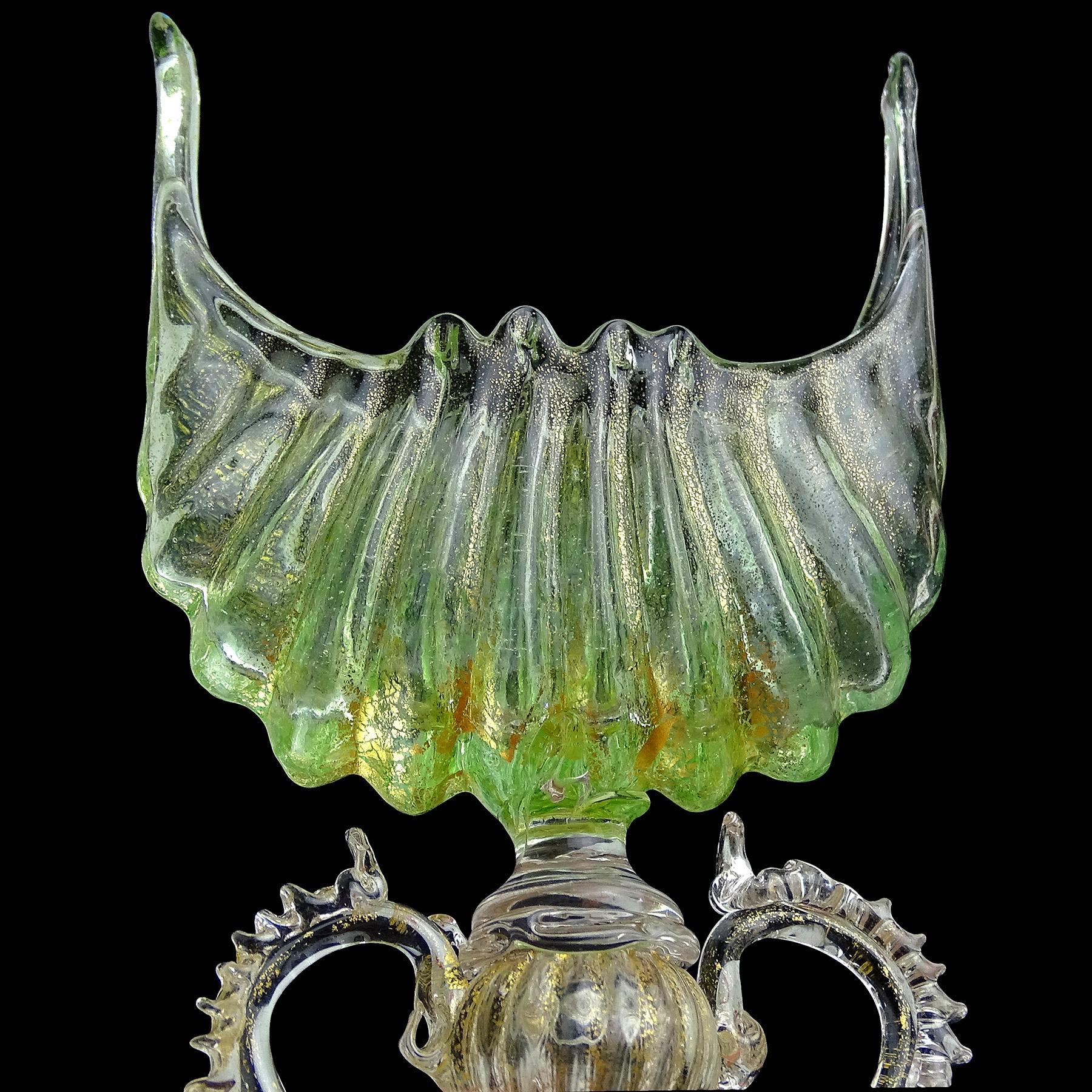 Late Victorian Antique Venetian Murano Green Gold Leaf Italian Art Glass Shell Goblet Holder