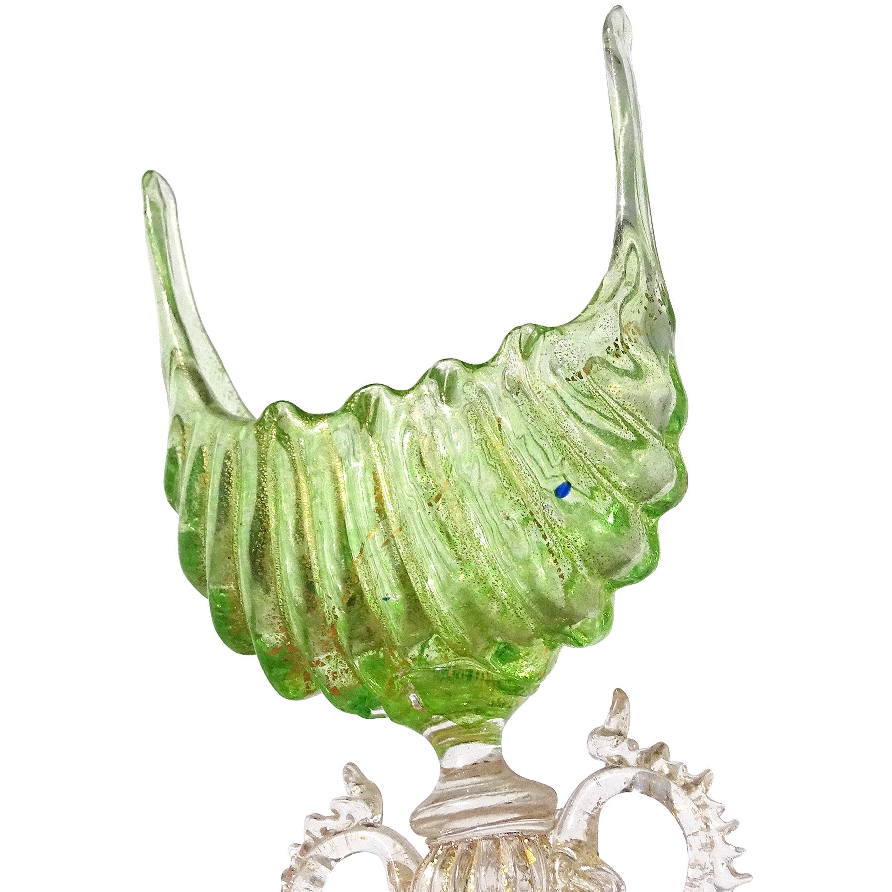 Antique Venetian Murano Green Gold Leaf Italian Art Glass Shell Goblet Holder 1