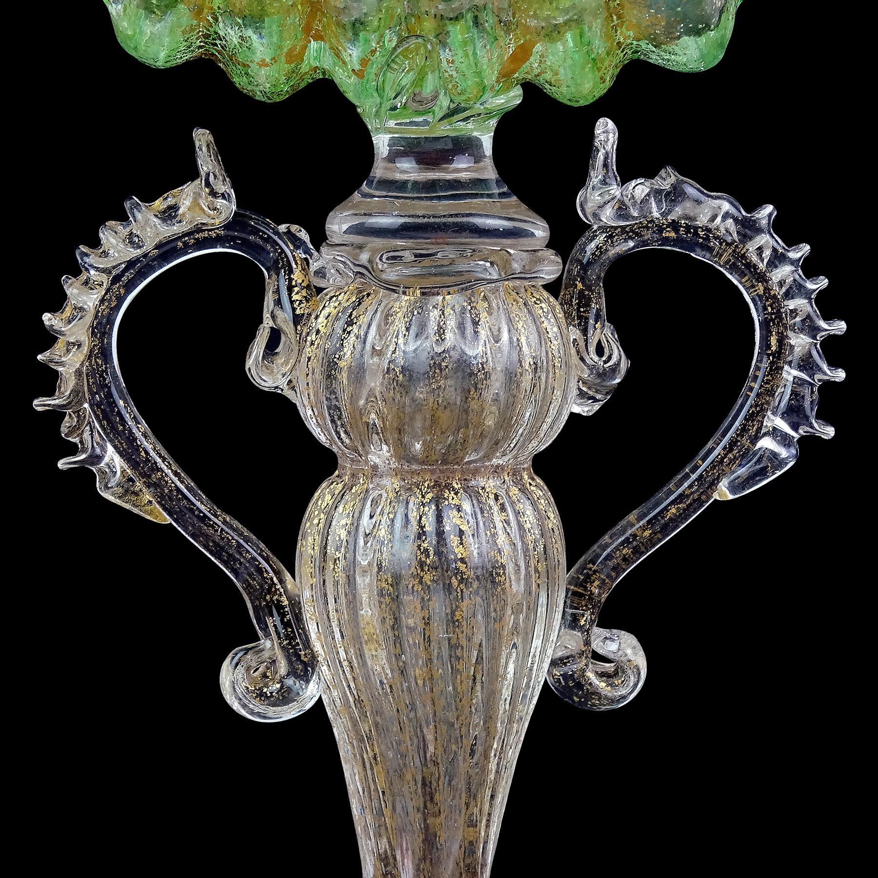 Hand-Crafted Antique Venetian Murano Green Gold Leaf Italian Art Glass Shell Goblet Holder