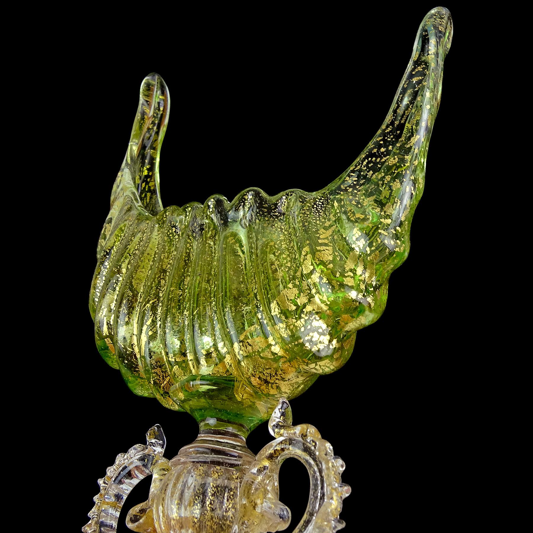 Late Victorian Antique Venetian Murano Green Gold Leaf Italian Art Glass Shell Goblet Holder For Sale