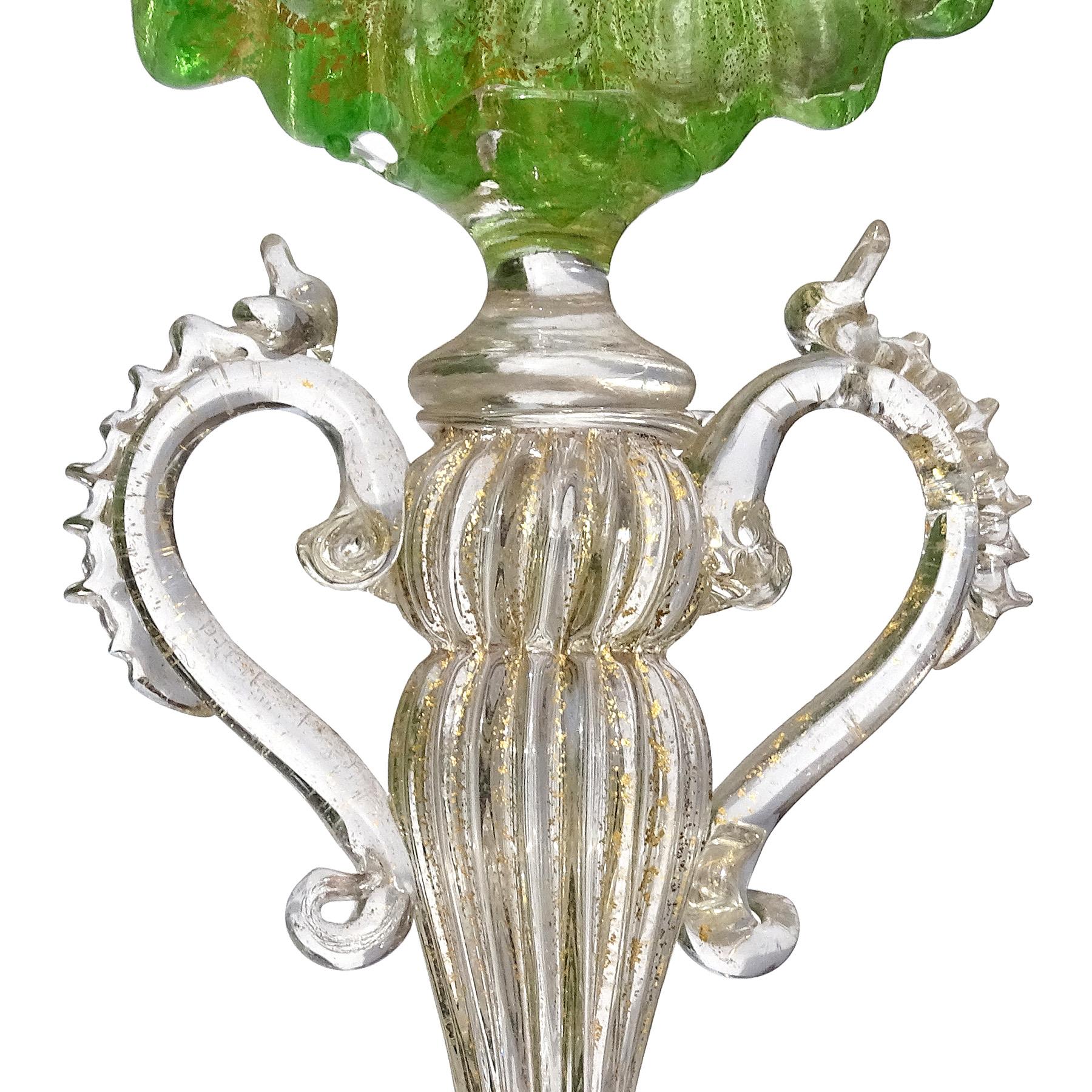 19th Century Antique Venetian Murano Green Gold Leaf Italian Art Glass Shell Goblet Holder