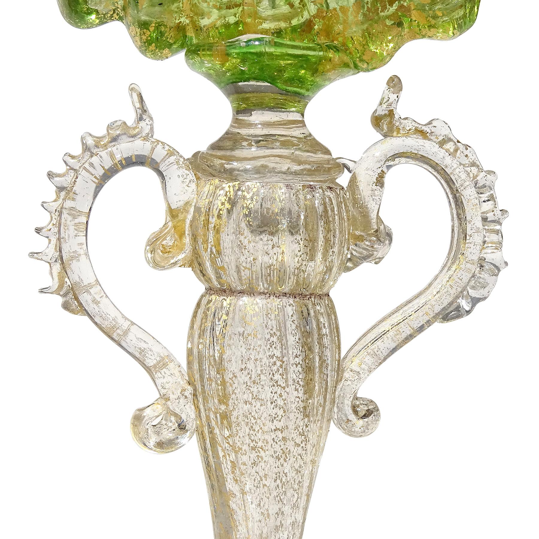 Hand-Crafted Antique Venetian Murano Green Gold Leaf Italian Art Glass Shell Goblet Holder For Sale