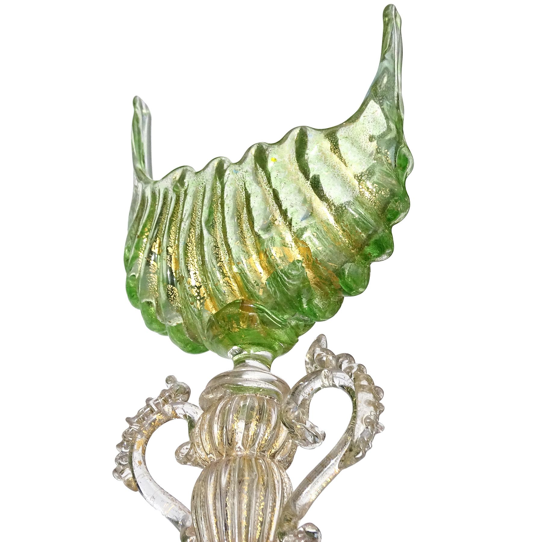 Late Victorian Antique Venetian Murano Green Gold Leaf Italian Art Glass Shell Goblet Holder