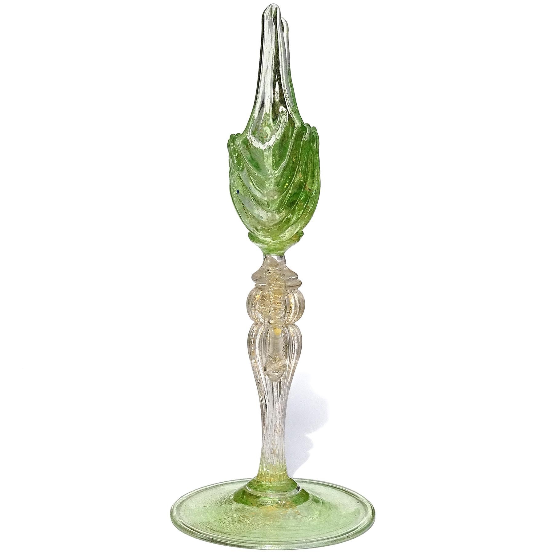 Hand-Crafted Antique Venetian Murano Green Gold Leaf Italian Art Glass Shell Goblet Holder