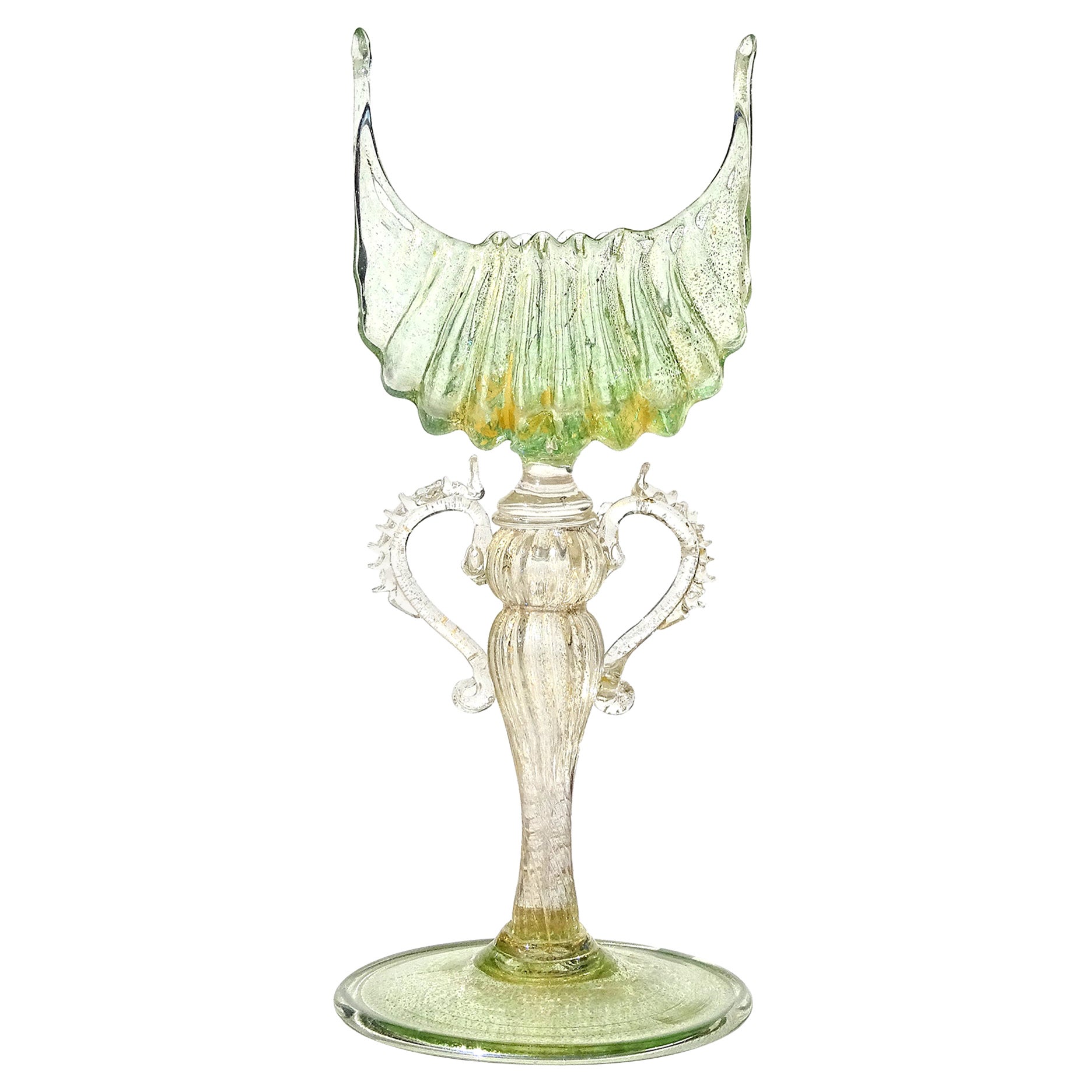 Antique Venetian Murano Green Gold Leaf Italian Art Glass Shell Goblet Holder
