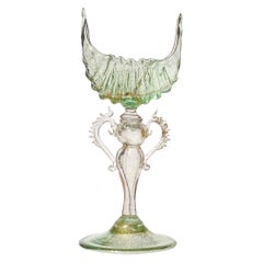 Antique Venetian Murano Green Gold Leaf Italian Art Glass Shell Goblet Holder