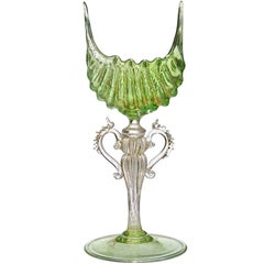 Antique Venetian Murano Green Gold Leaf Italian Art Glass Shell Goblet Holder