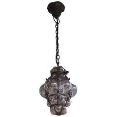 Antique Venetian Murano Hall Pendant Mouth Blown Glass into Wrought Iron Frame