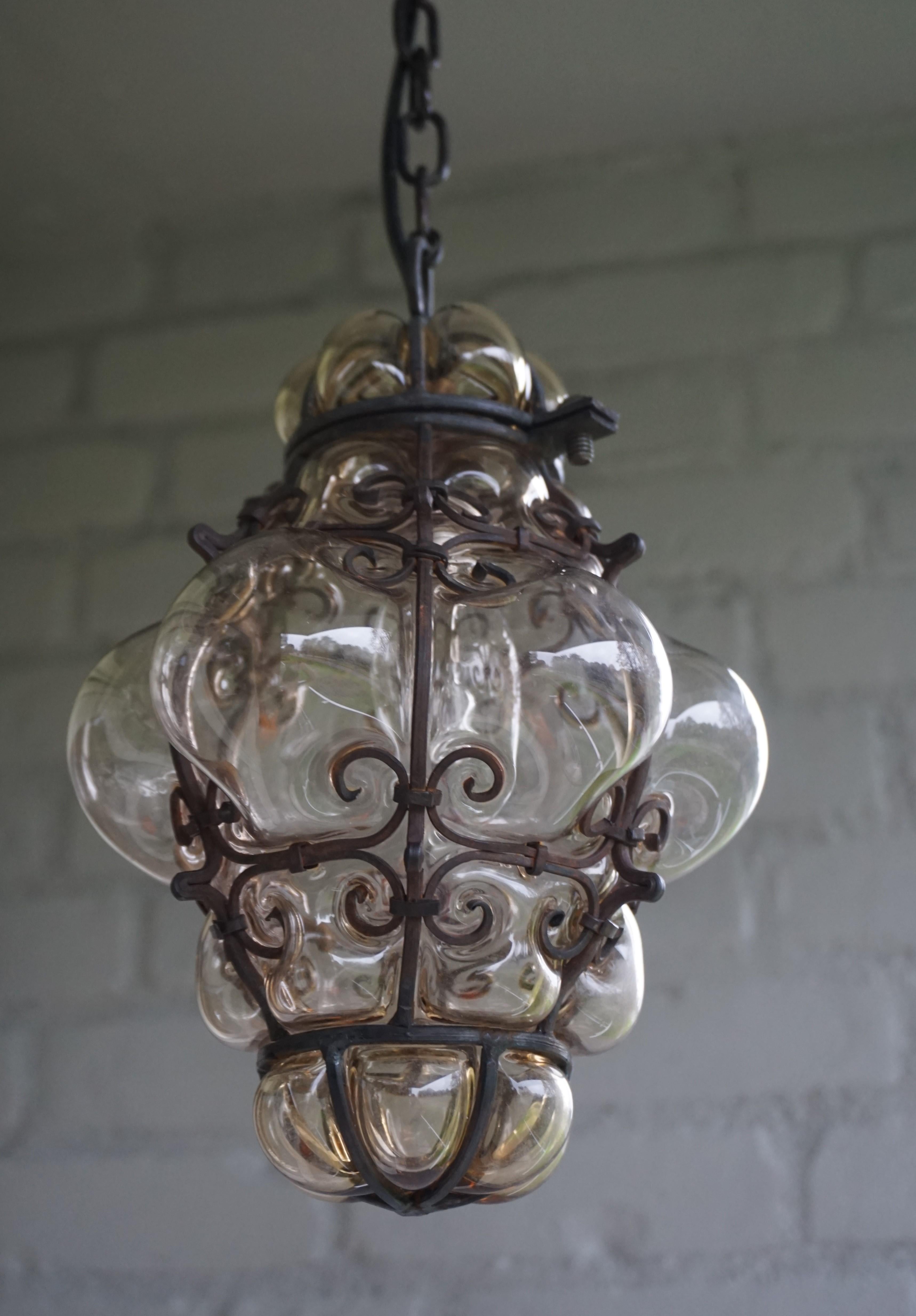 Antique Venetian Murano Hall Pendant Mouth Blown Glass into Wrought Iron Frame 2