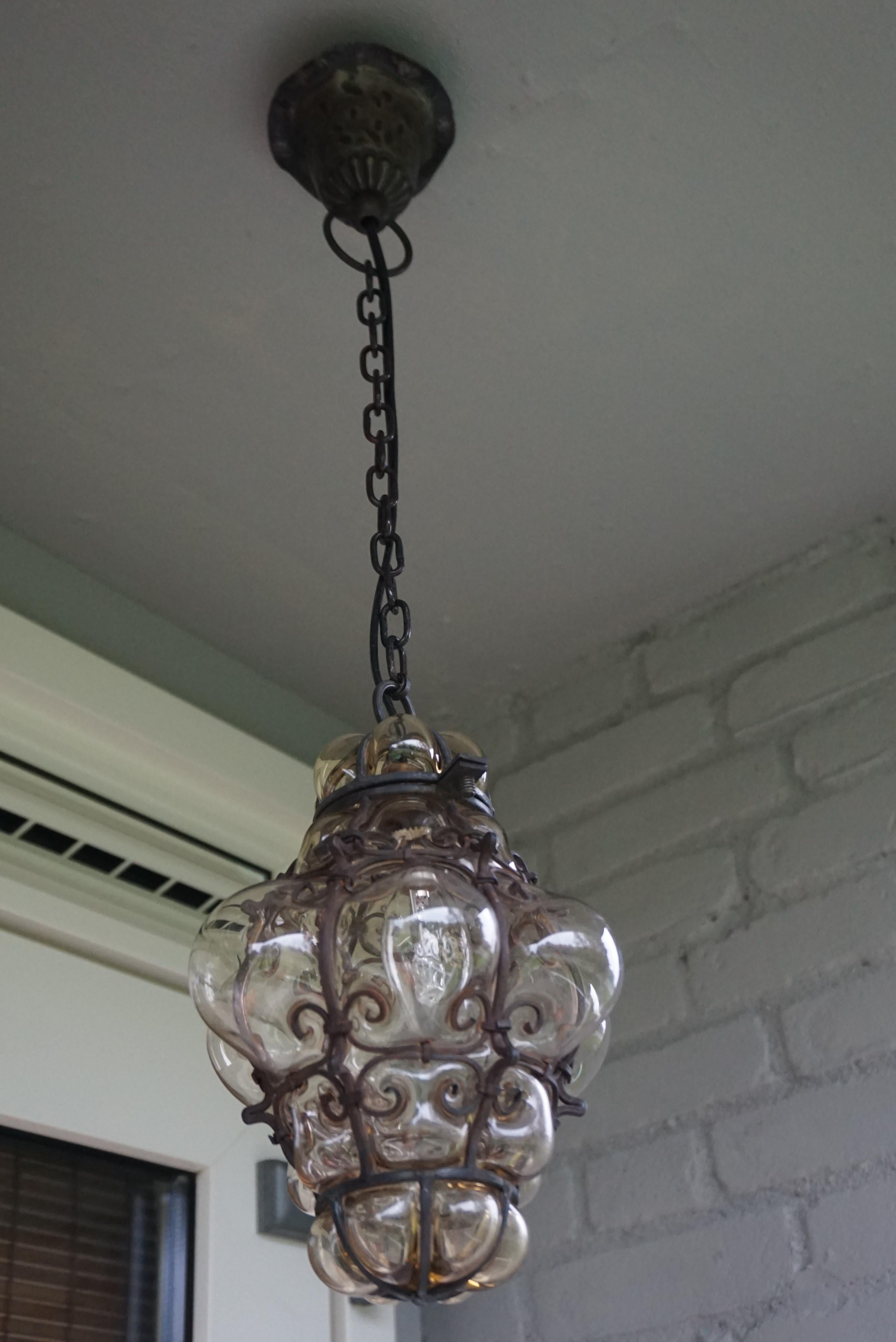 Antique Venetian Murano Hall Pendant Mouth Blown Glass into Wrought Iron Frame 8