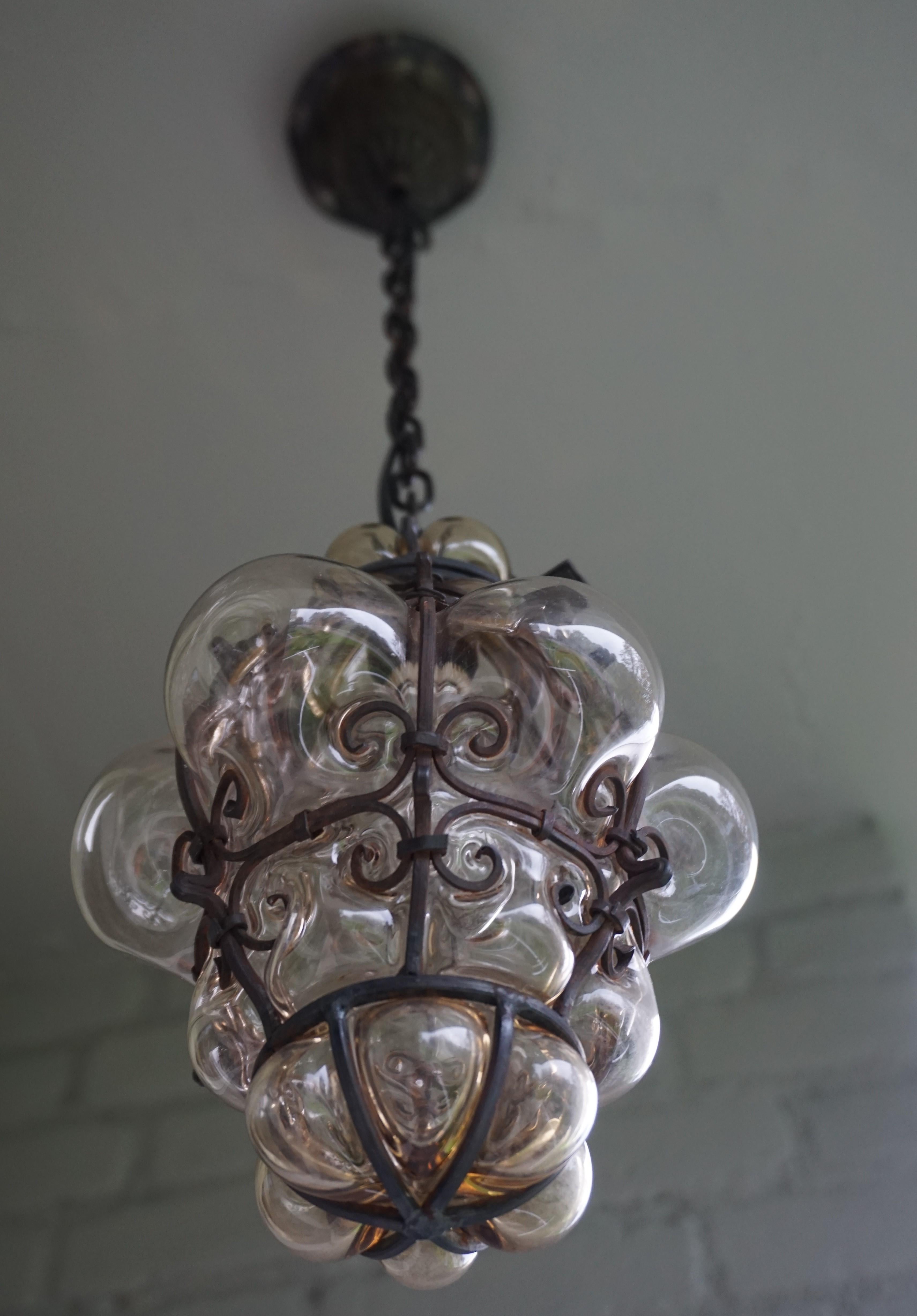 20th Century Antique Venetian Murano Hall Pendant Mouth Blown Glass into Wrought Iron Frame