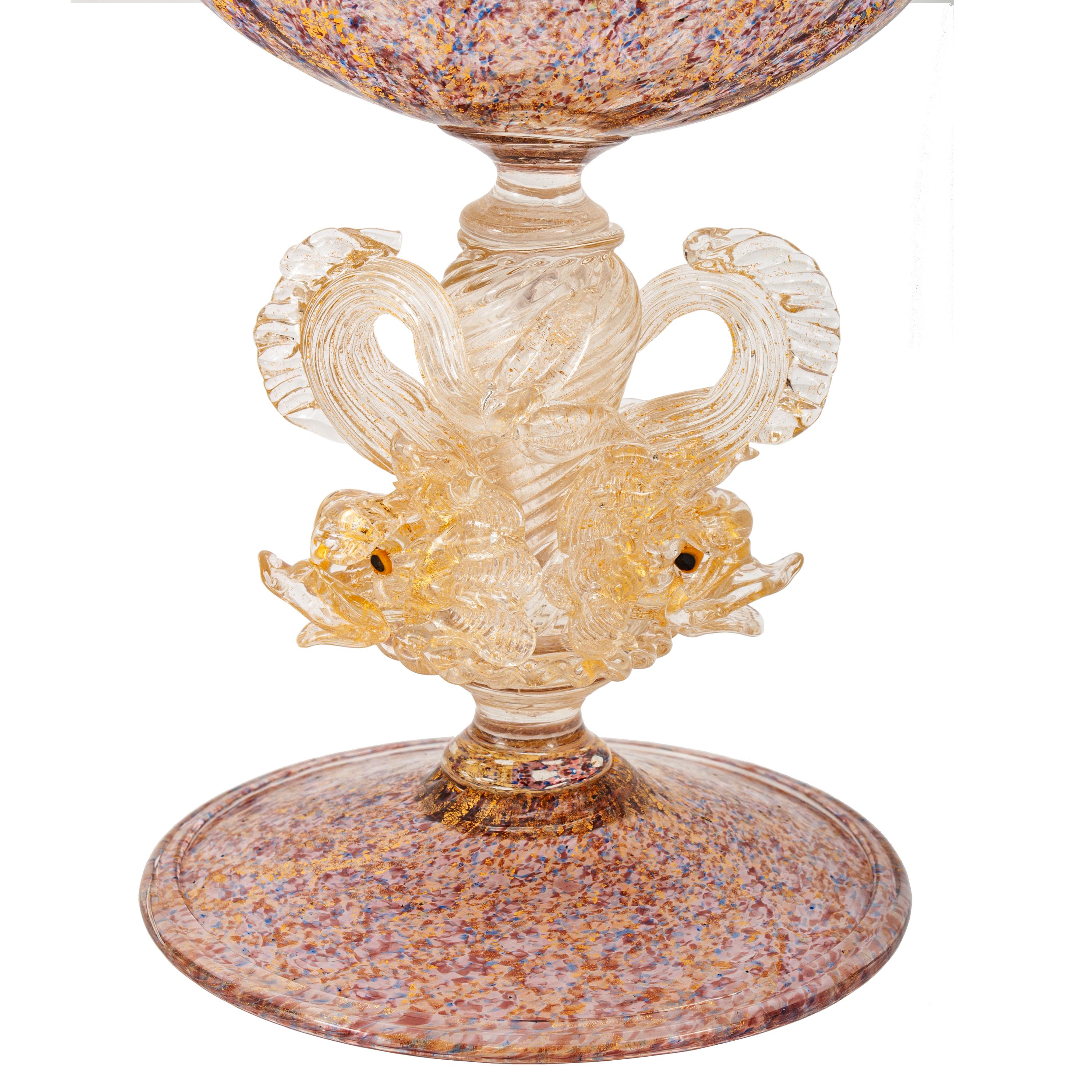 Antique Venetian Murano Hand Blown Glass Gold Centerpiece Coupe Salviati 1910 In Good Condition In Portland, OR