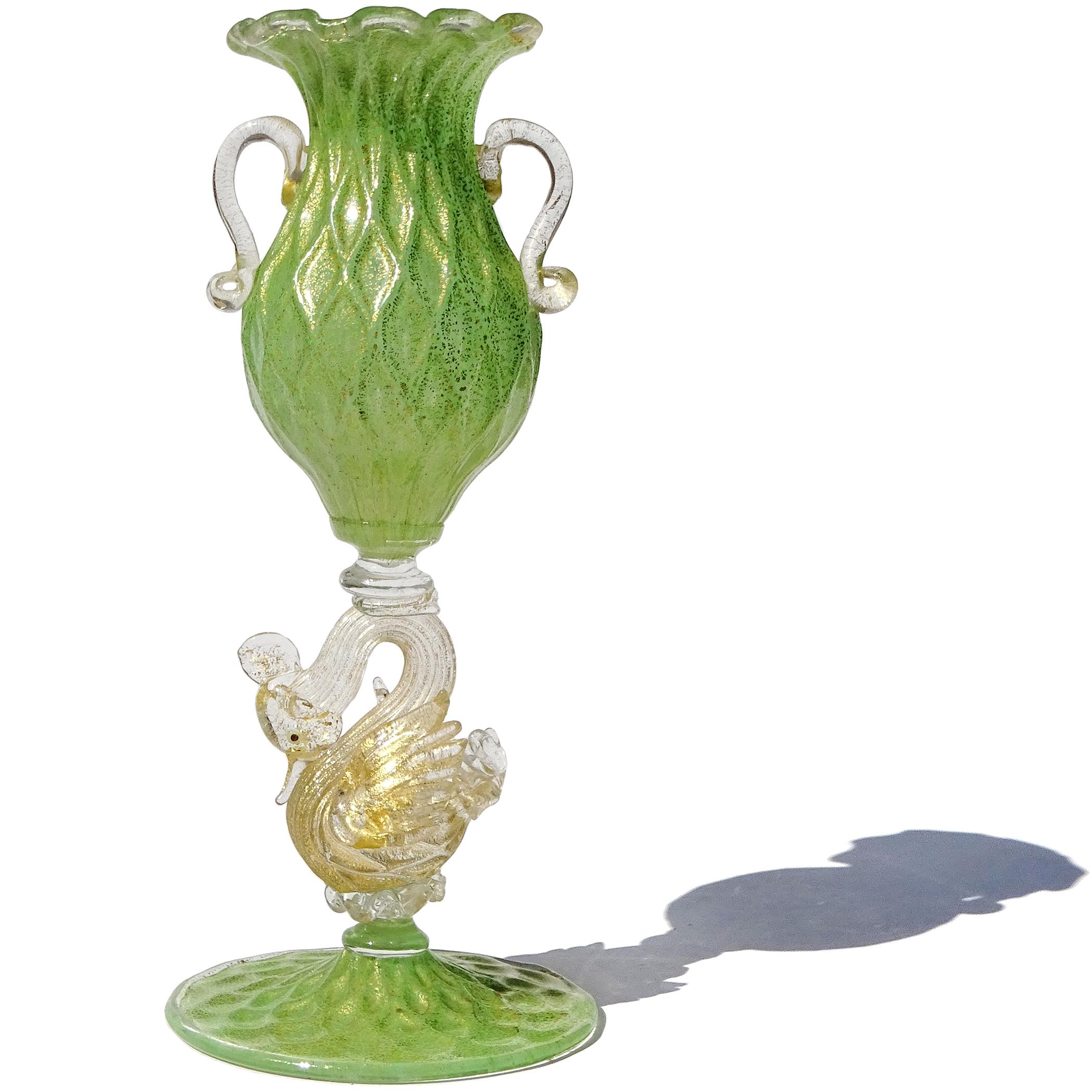 Beautiful, antique, early Venetian / Murano hand blown jade green with gold flecks Italian art glass with ornate swan stem vase / table object. Created in the manner of the Salviati and Fratelli Toso companies. The color is a beautiful jade green