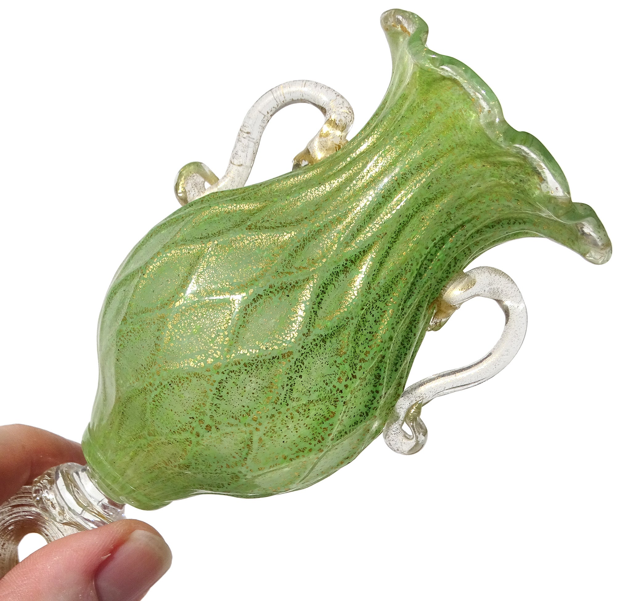 Art Nouveau Antico vaso in vetro artistico italiano di Murano, in giada verde con macchie d'oro, a stelo di cigno in vendita
