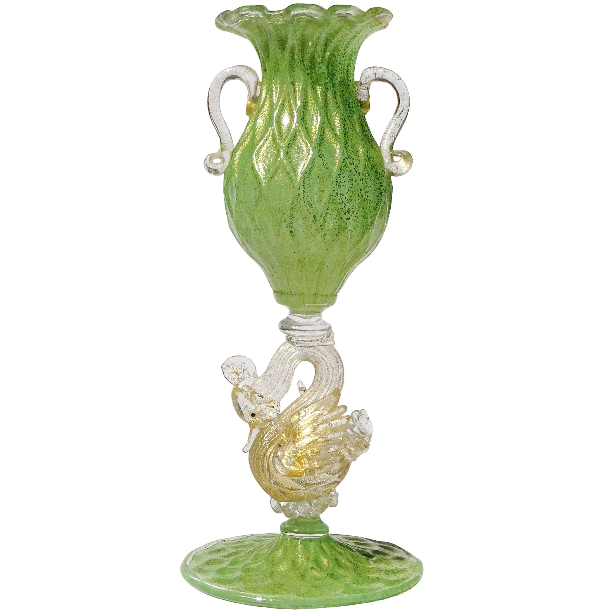 Antico vaso in vetro artistico italiano di Murano, in giada verde con macchie d'oro, a stelo di cigno in vendita