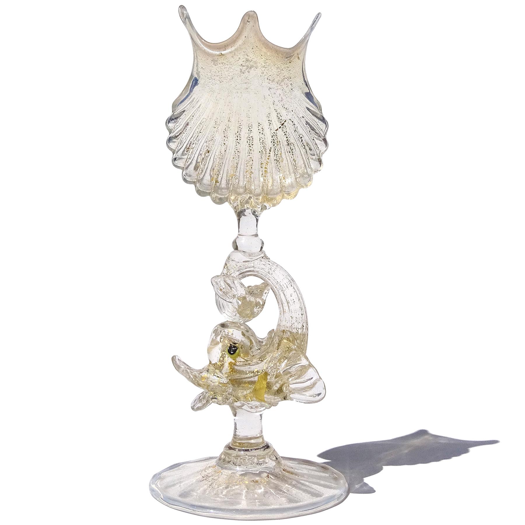 Beautiful, antique, early Venetian / Murano hand blown clear with opalescent and gold flecks Italian art glass with ornate seashell decoration, fish stem vase / table object. Created in the manner of the Salviati and Fratelli Toso companies. The