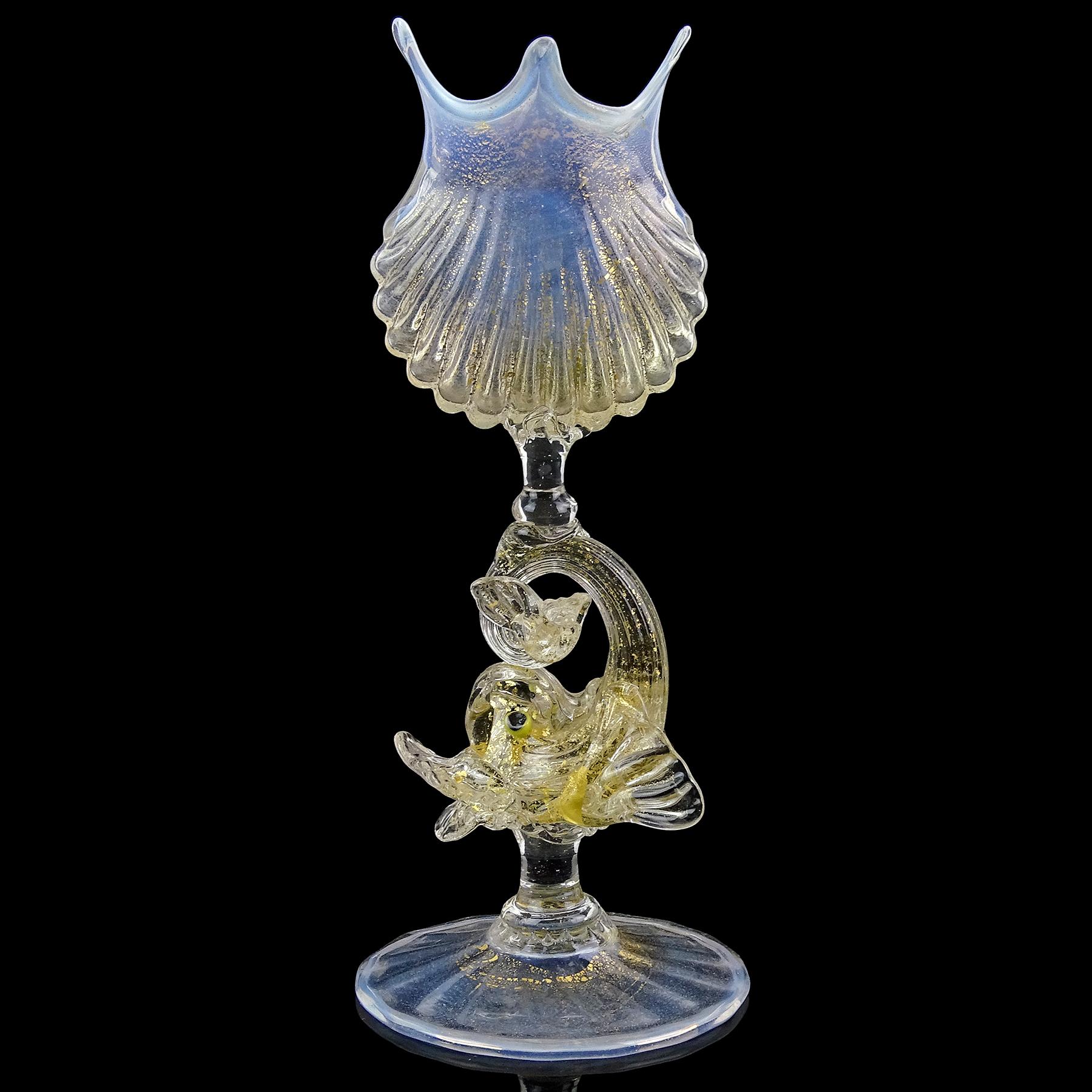 Art Nouveau Antique Venetian Murano Opal Shell Gold Flecks Fish Stem Italian Art Glass Vase For Sale