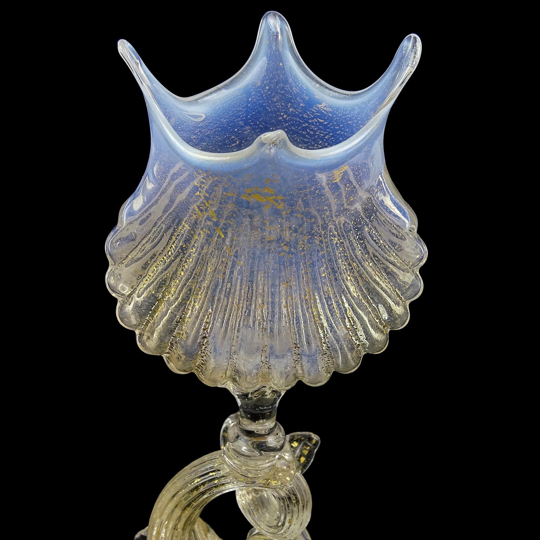 Hand-Crafted Antique Venetian Murano Opal Shell Gold Flecks Fish Stem Italian Art Glass Vase For Sale