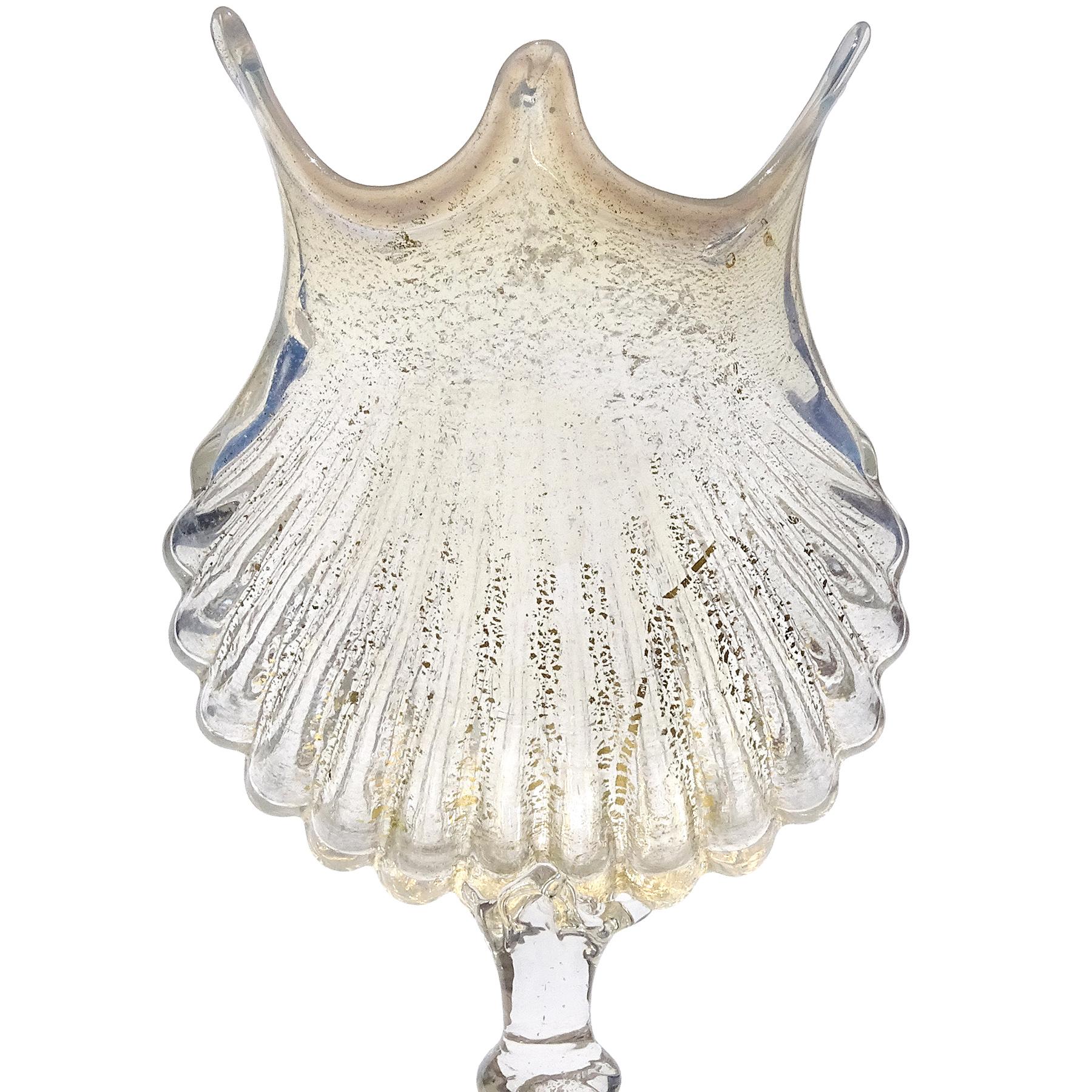 Antique Venetian Murano Opal Shell Gold Flecks Fish Stem Italian Art Glass Vase In Good Condition For Sale In Kissimmee, FL