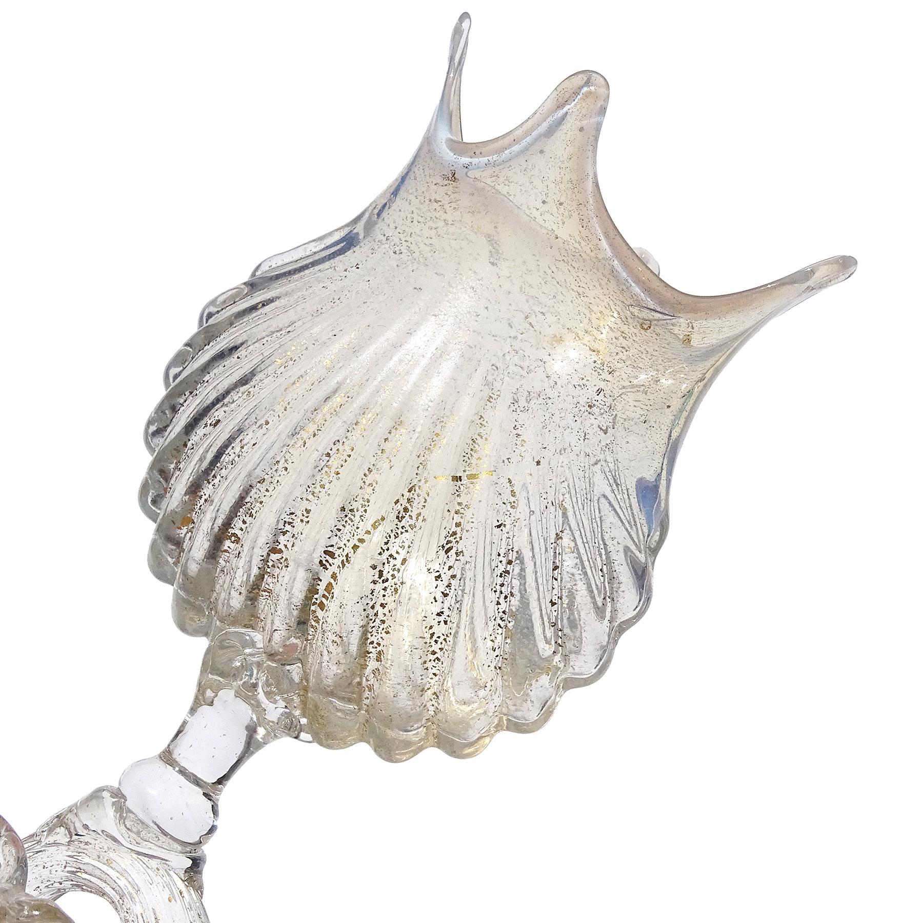 Antique Venetian Murano Opal Shell Gold Flecks Fish Stem Italian Art Glass Vase For Sale 1
